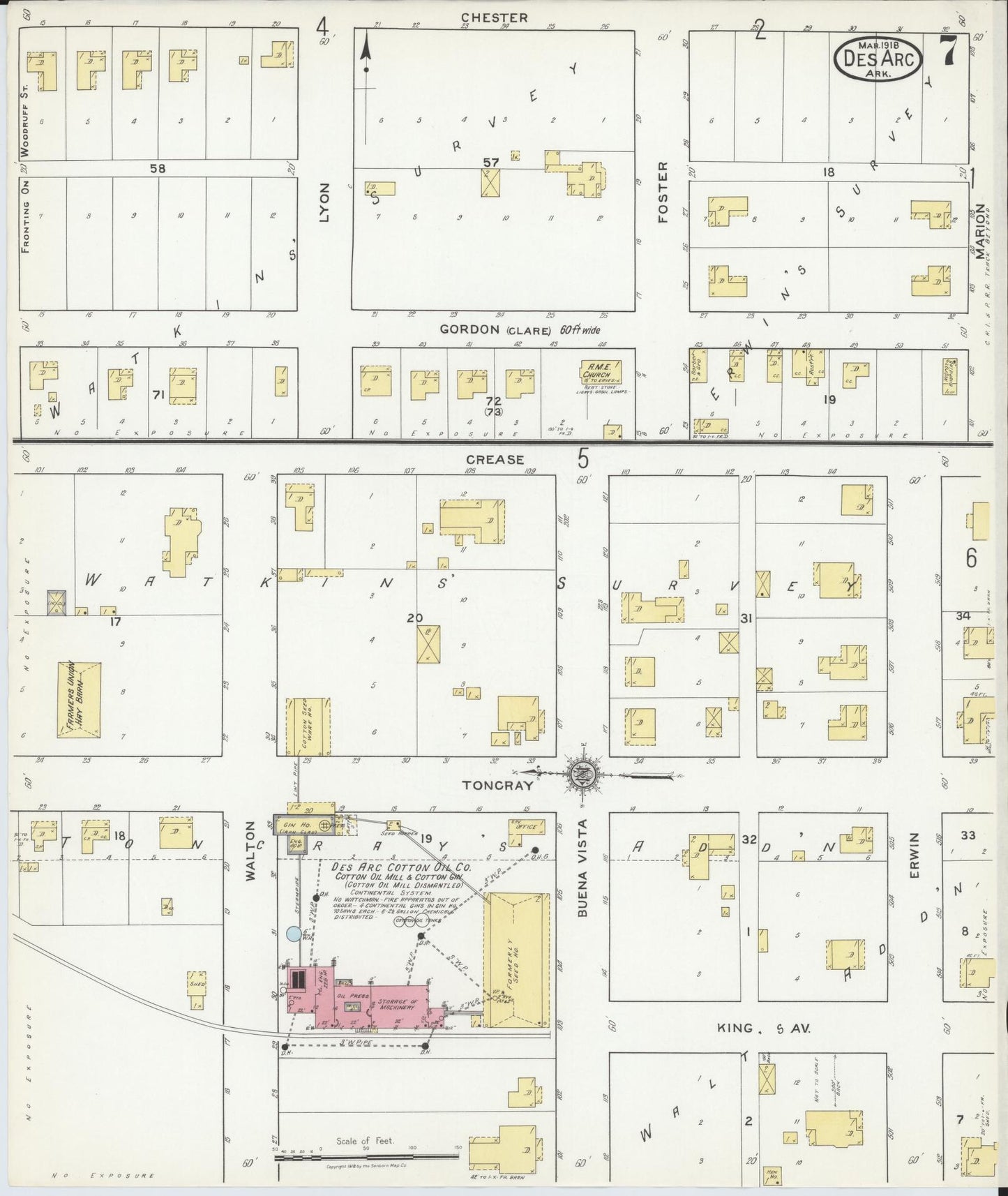 Sanborn Fire Insurance Map from Des Arc, Prarrie County, Arkansas (1918), Sheet #0007 - Historic Sanborn Fire Insurance Map Print, vintage old map wall art, antique decor, genealogy gift, Arkansas Arkansas map