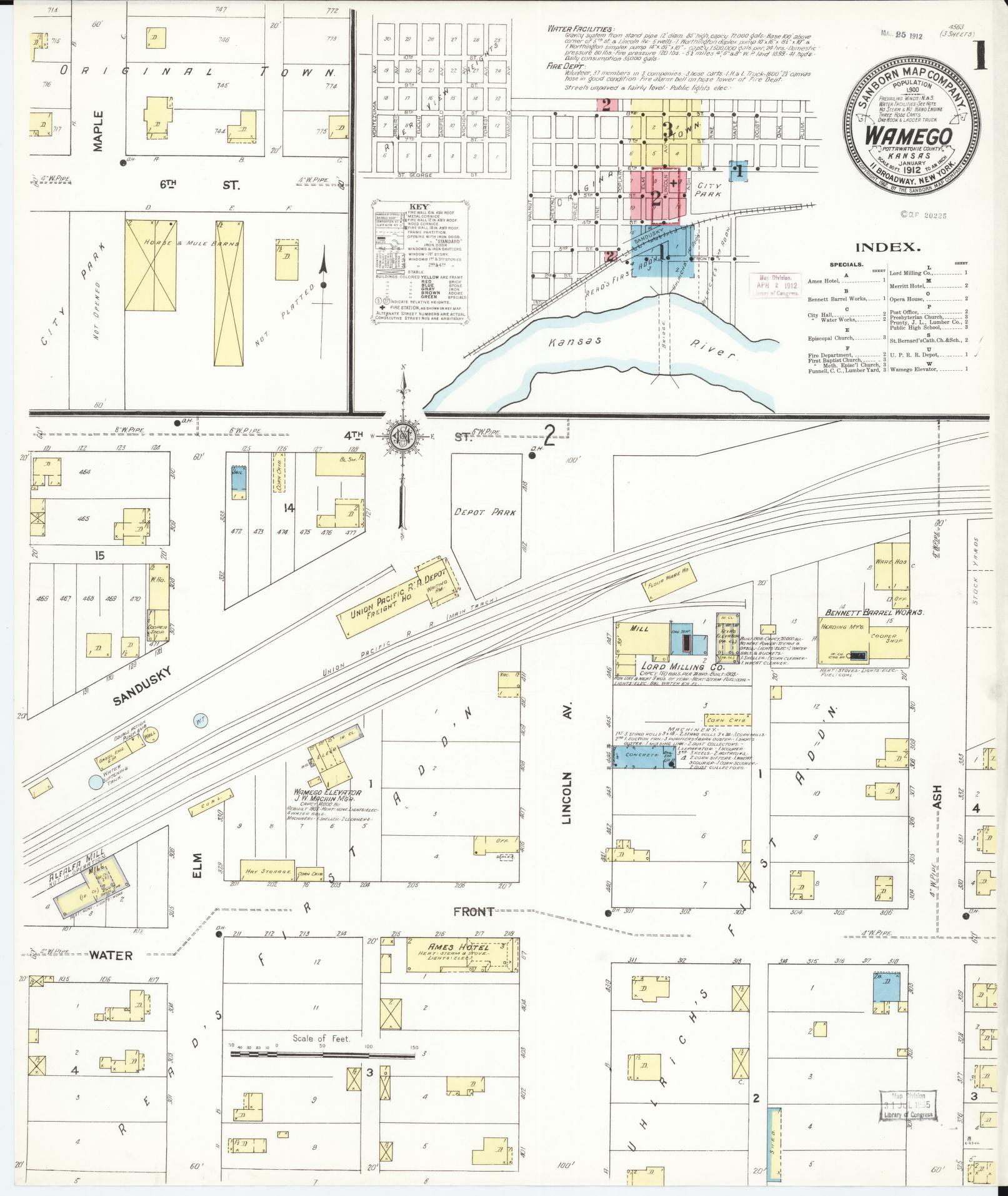 Sanborn Fire Insurance Map from Wamego, Pottawatomie County, Kansas (1912), Sheet #0001 - Complete Map Set gallery image, historic Sanborn map, vintage wall art, Kansas Kansas
