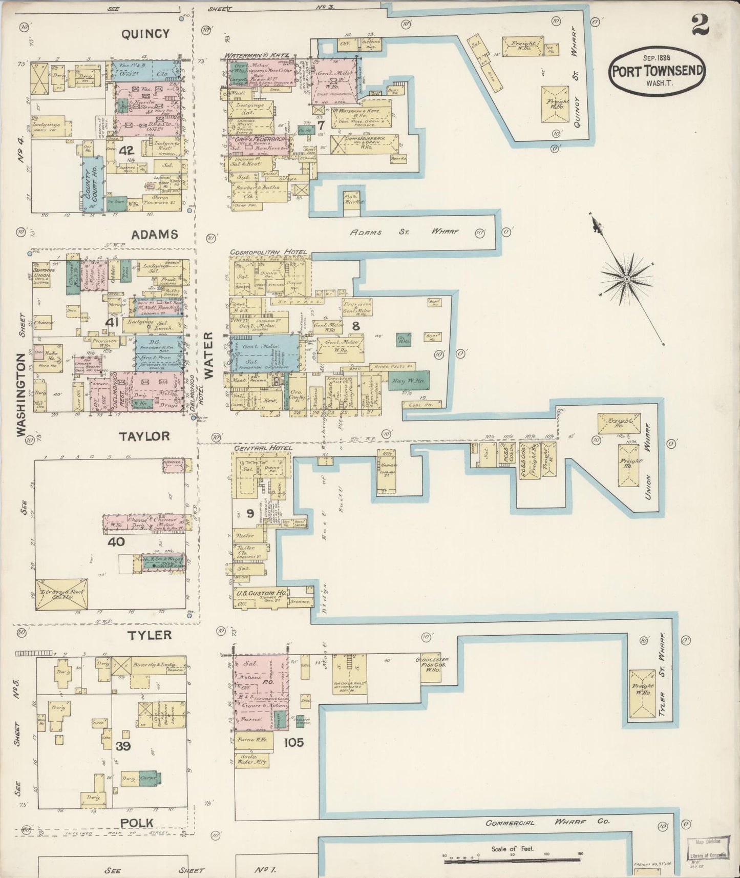 Sanborn Fire Insurance Map from Port Townsend, Jefferson County, Washington (1888), Sheet #0002 - Historic Sanborn Fire Insurance Map Print, vintage old map wall art, antique decor, genealogy gift, Washington Washington map