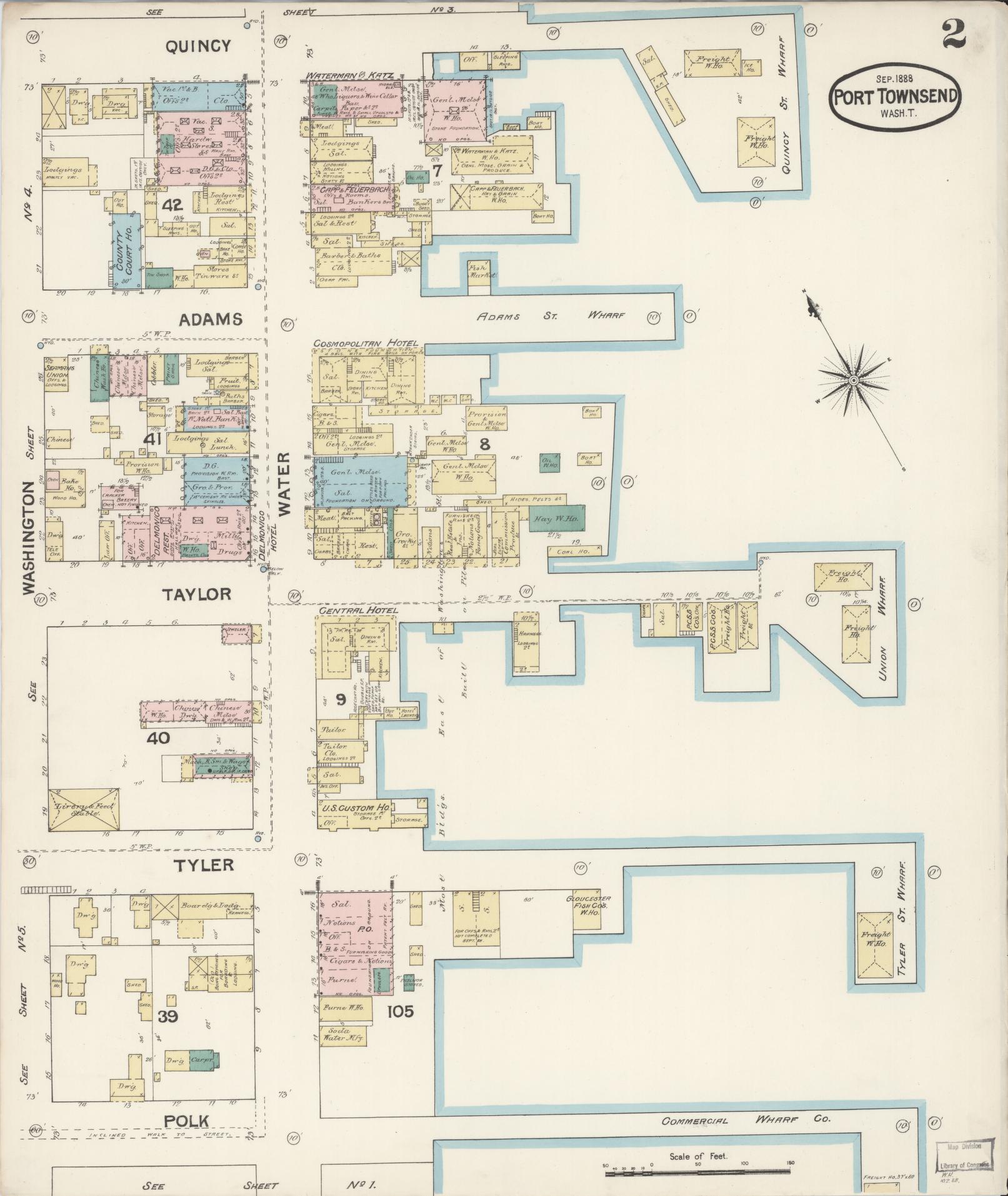 Sanborn Fire Insurance Map from Port Townsend, Jefferson County, Washington (1888), Sheet #0002 - Historic Sanborn Fire Insurance Map Print, vintage old map wall art, antique decor, genealogy gift, Washington Washington map