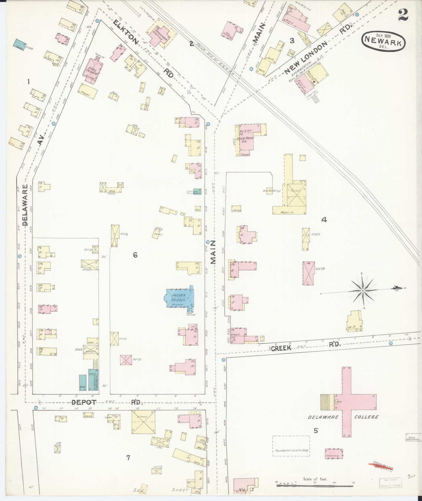 Sanborn Fire Insurance Map from Newark, New Castle County, Delaware (1891), Sheet #0002 - Complete Map Set gallery image, historic Sanborn map, vintage wall art, Delaware Delaware