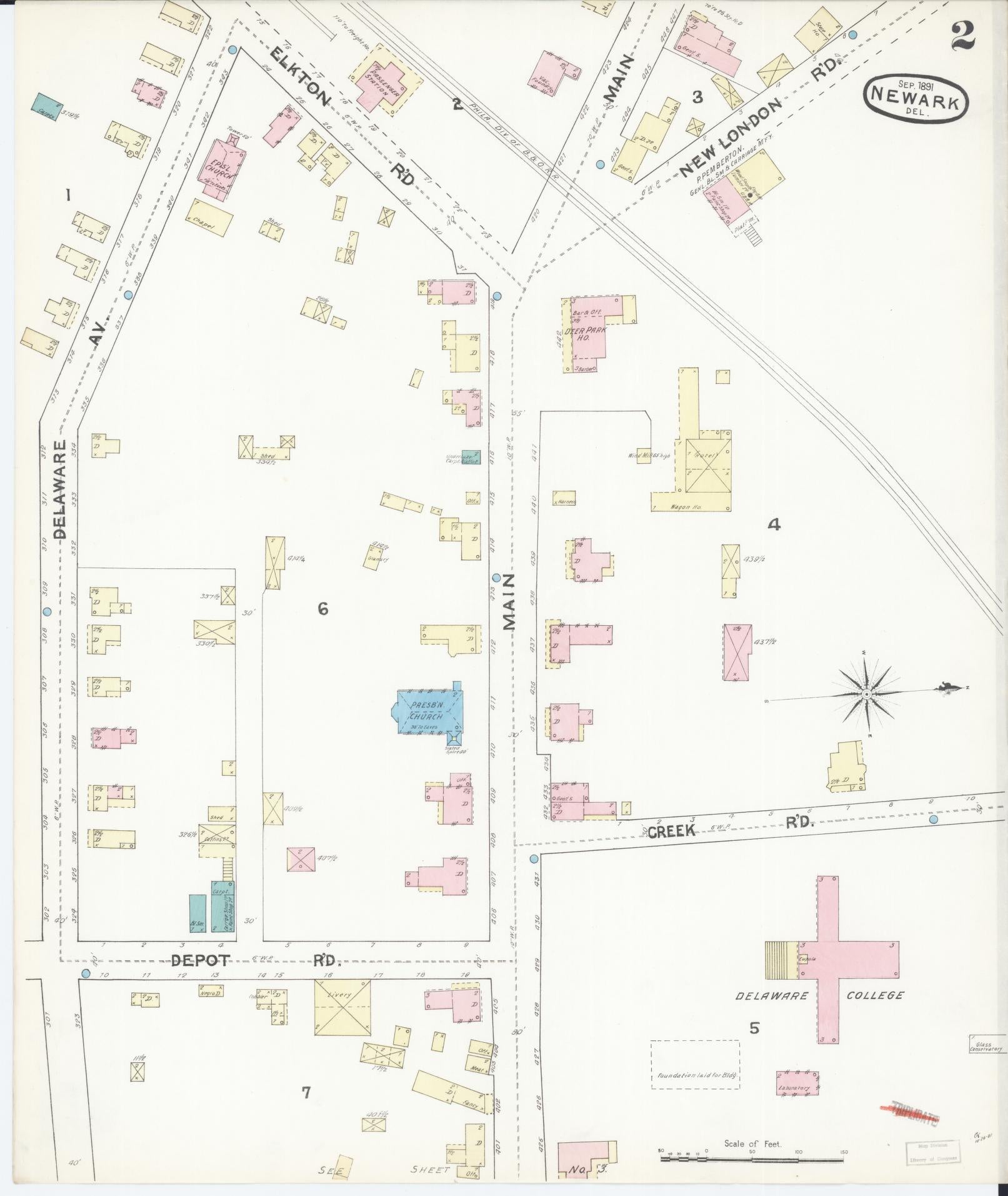 Sanborn Fire Insurance Map from Newark, New Castle County, Delaware (1891), Sheet #0002 - Complete Map Set gallery image, historic Sanborn map, vintage wall art, Delaware Delaware