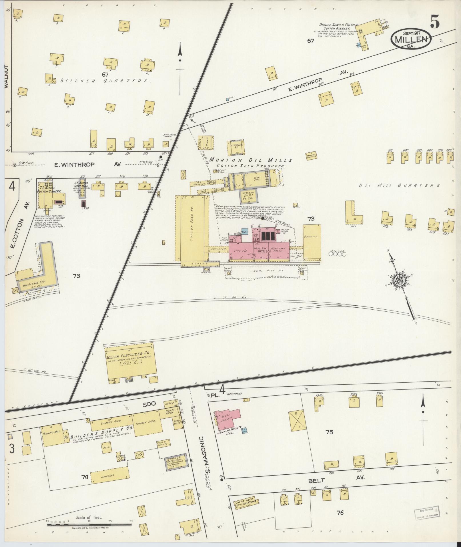 Sanborn Fire Insurance Map from Millen, Jenkins County, Georgia (1917), Sheet #0005 - Historic Sanborn Fire Insurance Map Print, vintage old map wall art, antique decor, genealogy gift, Georgia Georgia map