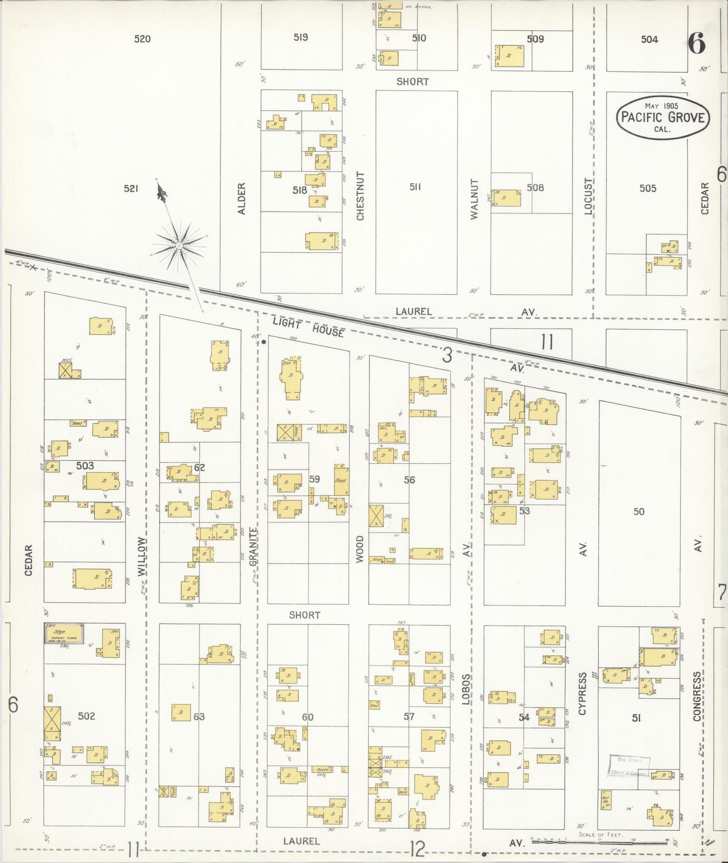 Sanborn Fire Insurance Map from Pacific Grove, Monterey County, California (1905), Sheet #0006 - Complete Map Set gallery image, historic Sanborn map, vintage wall art, California California
