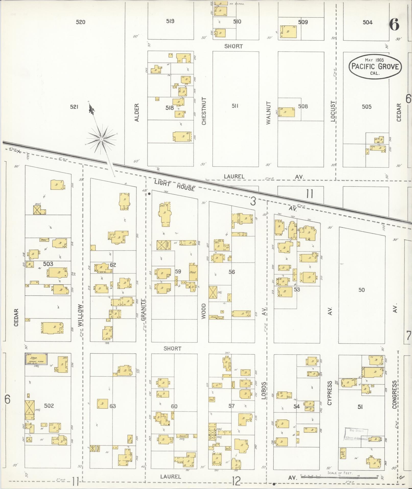Sanborn Fire Insurance Map from Pacific Grove, Monterey County, California (1905), Sheet #0006 - Complete Map Set gallery image, historic Sanborn map, vintage wall art, California California