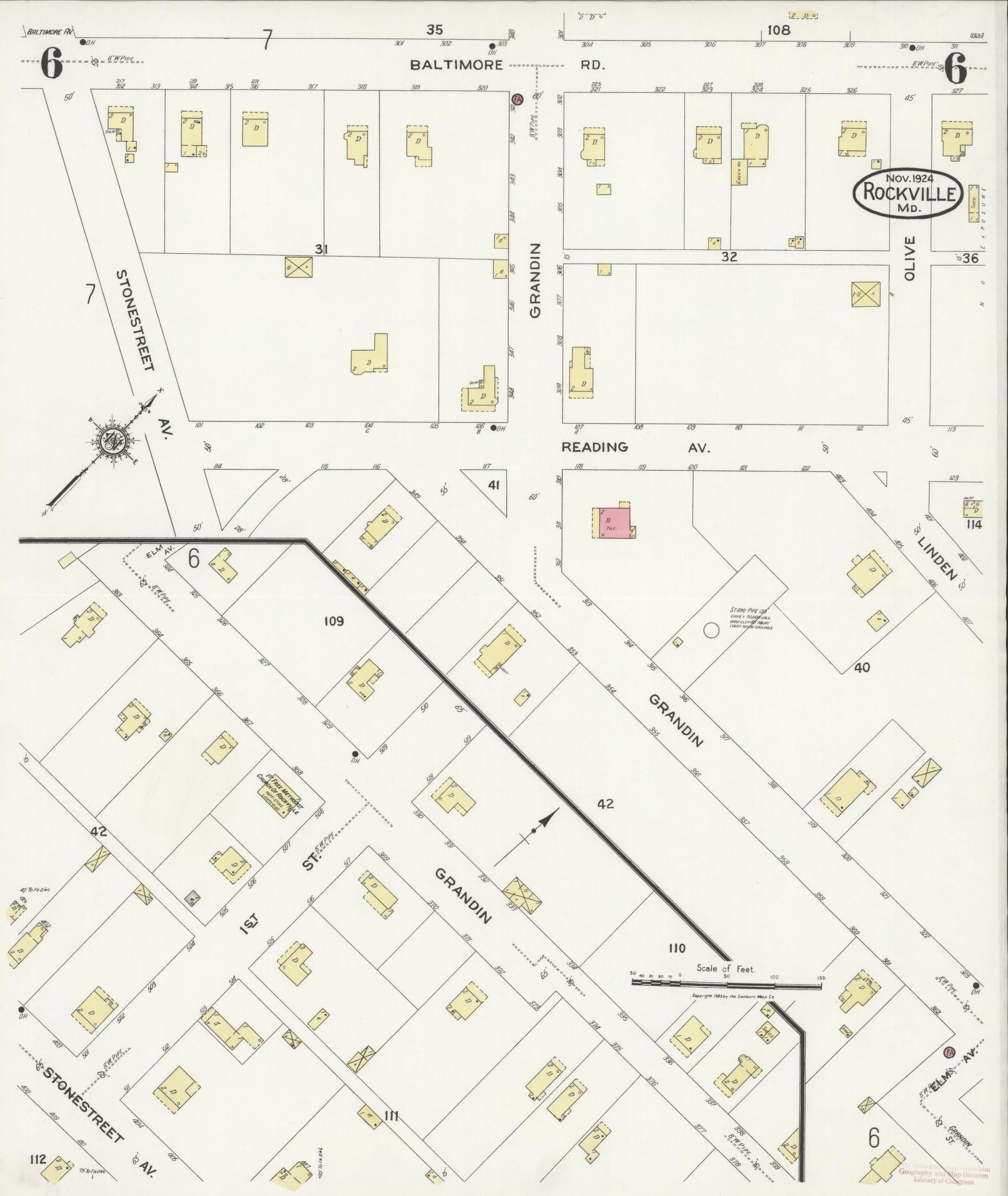 Sanborn Fire Insurance Map from Rockville, Montgomery County, Maryland (1924), Sheet #0006 - Historic Sanborn Fire Insurance Map Print, vintage old map wall art