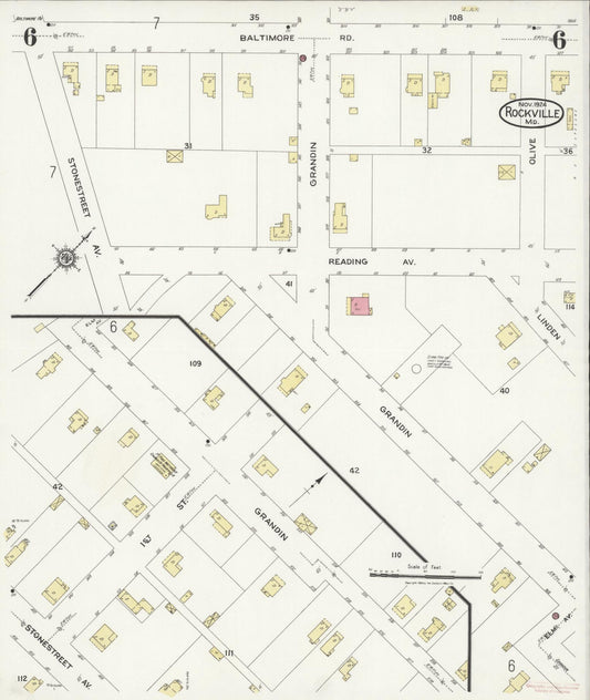 Sanborn Fire Insurance Map from Rockville, Montgomery County, Maryland (1924), Sheet #0006 - Historic Sanborn Fire Insurance Map Print, vintage old map wall art