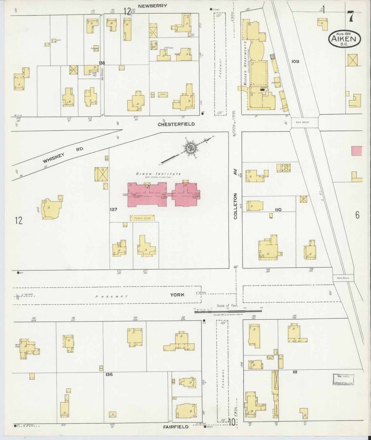 Sanborn Fire Insurance Map from Aiken, Aiken County, South Carolina (1918), Sheet #0007 - Complete Map Set gallery image, historic Sanborn map, vintage wall art, South Carolina South Carolina