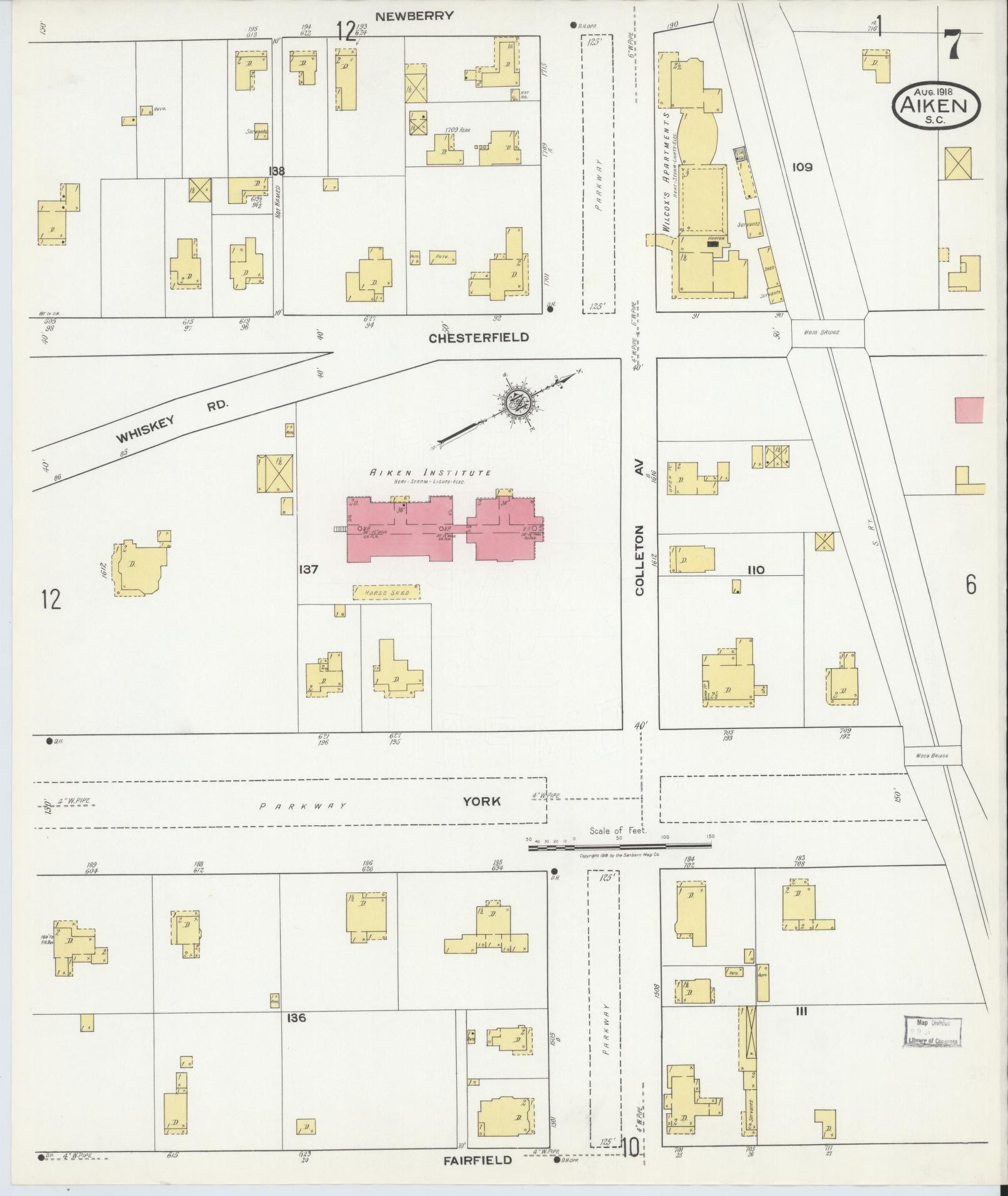 Sanborn Fire Insurance Map from Aiken, Aiken County, South Carolina (1918), Sheet #0007 - Complete Map Set gallery image, historic Sanborn map, vintage wall art, South Carolina South Carolina
