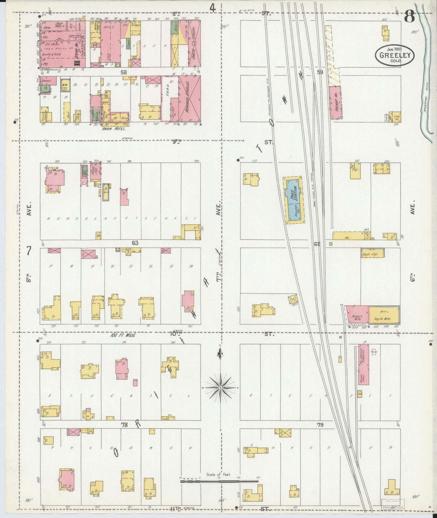 Sanborn Fire Insurance Map from Greeley, Weld County, Colorado (1901), Sheet #0008 - Complete Map Set gallery image, historic Sanborn map, vintage wall art, Colorado Colorado