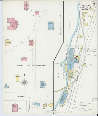 Sanborn Fire Insurance Map from Beloit, Rock County, Wisconsin (1895), Sheet #0007 - Historic Sanborn Fire Insurance Map Print, vintage old map wall art, antique decor, genealogy gift, Wisconsin Wisconsin map