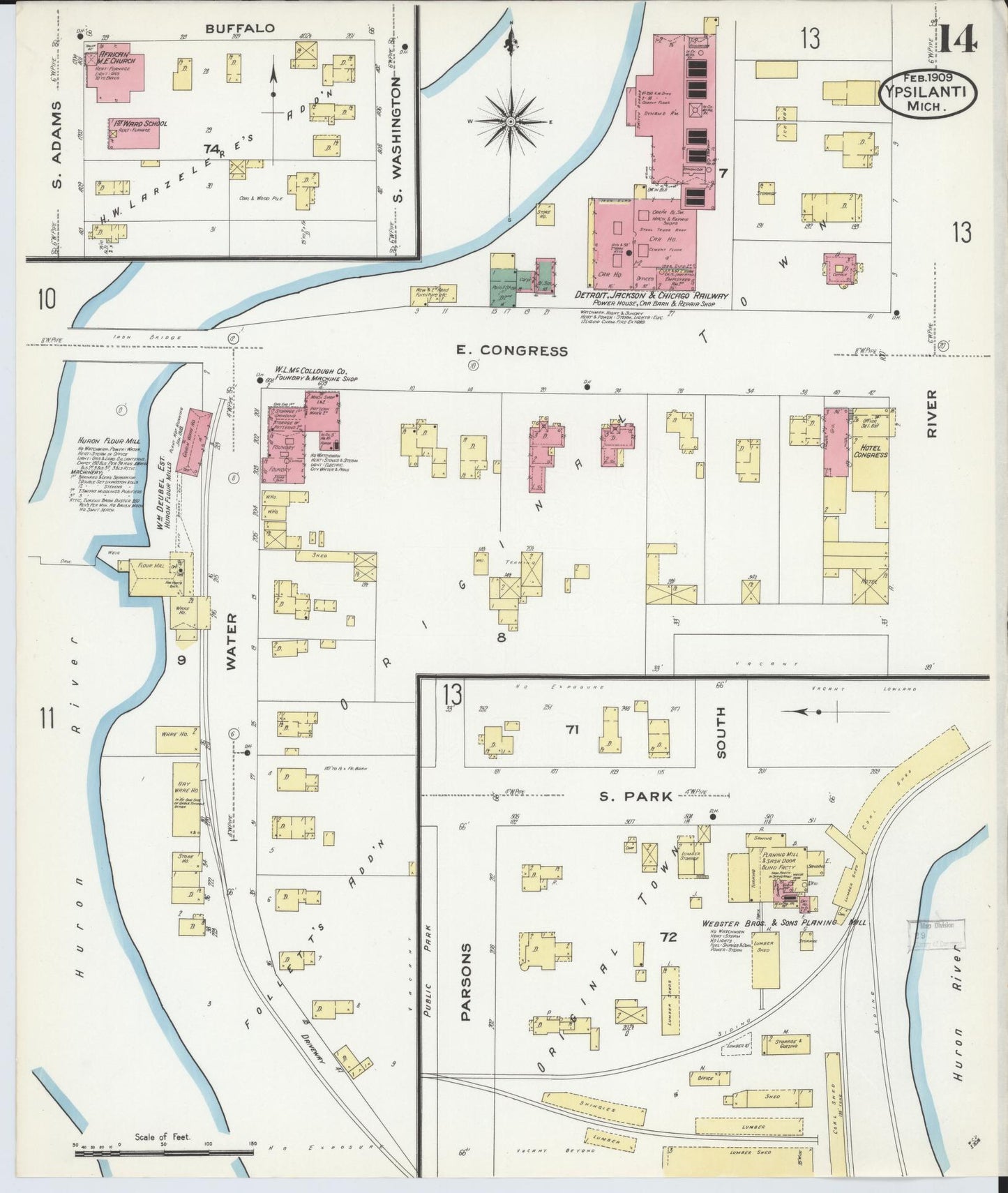 Sanborn Fire Insurance Map from Ypsilanti, Washtenaw County, Michigan (1909), Sheet #0014 - Historic Sanborn Fire Insurance Map Print, vintage old map wall art, antique decor, genealogy gift, Michigan Michigan map