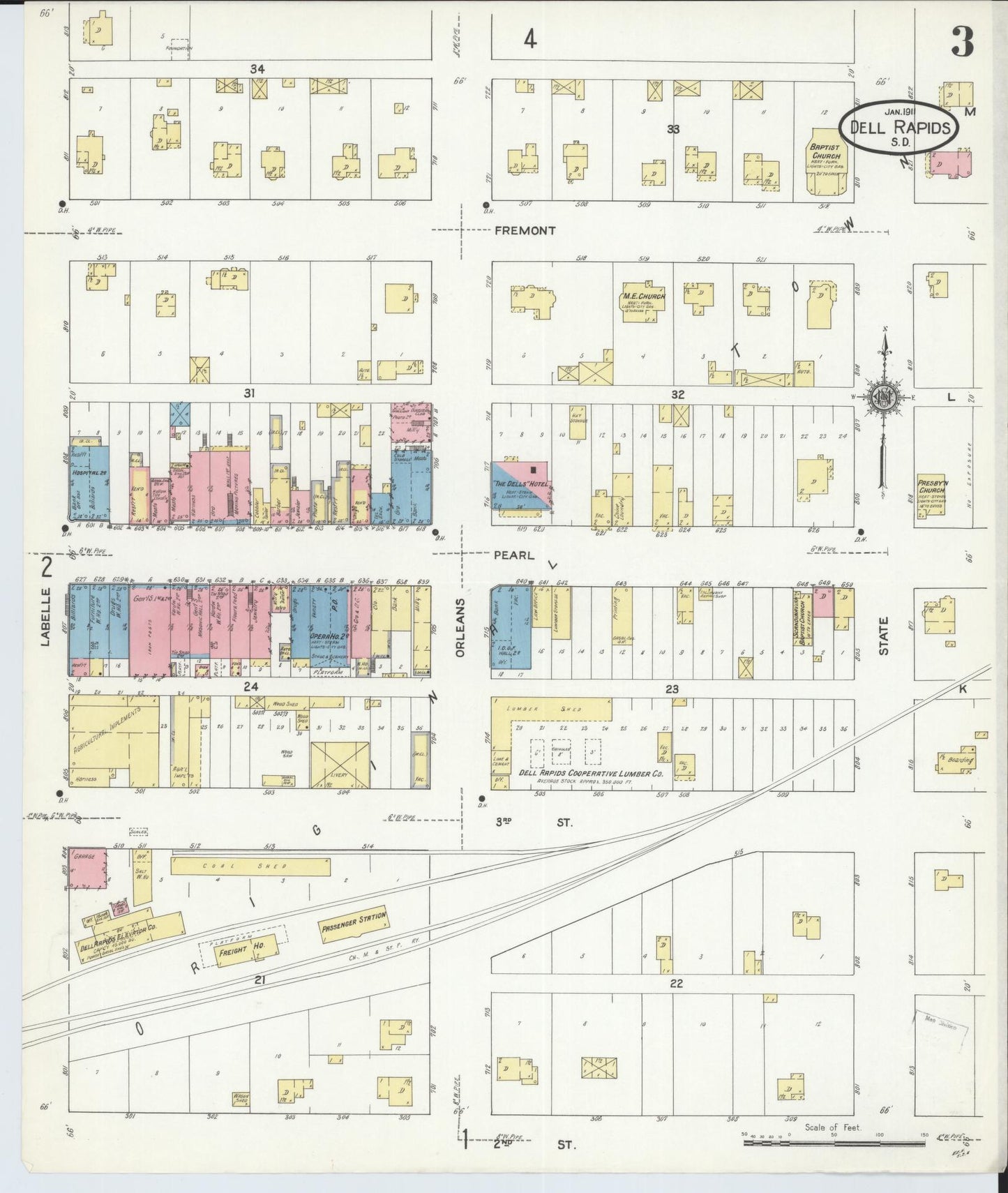 Sanborn Fire Insurance Map from Dell Rapids, Minnehaha County, South Dakota (1911), Sheet #0003 - Historic Sanborn Fire Insurance Map Print, vintage old map wall art, antique decor, genealogy gift, South Dakota South Dakota map