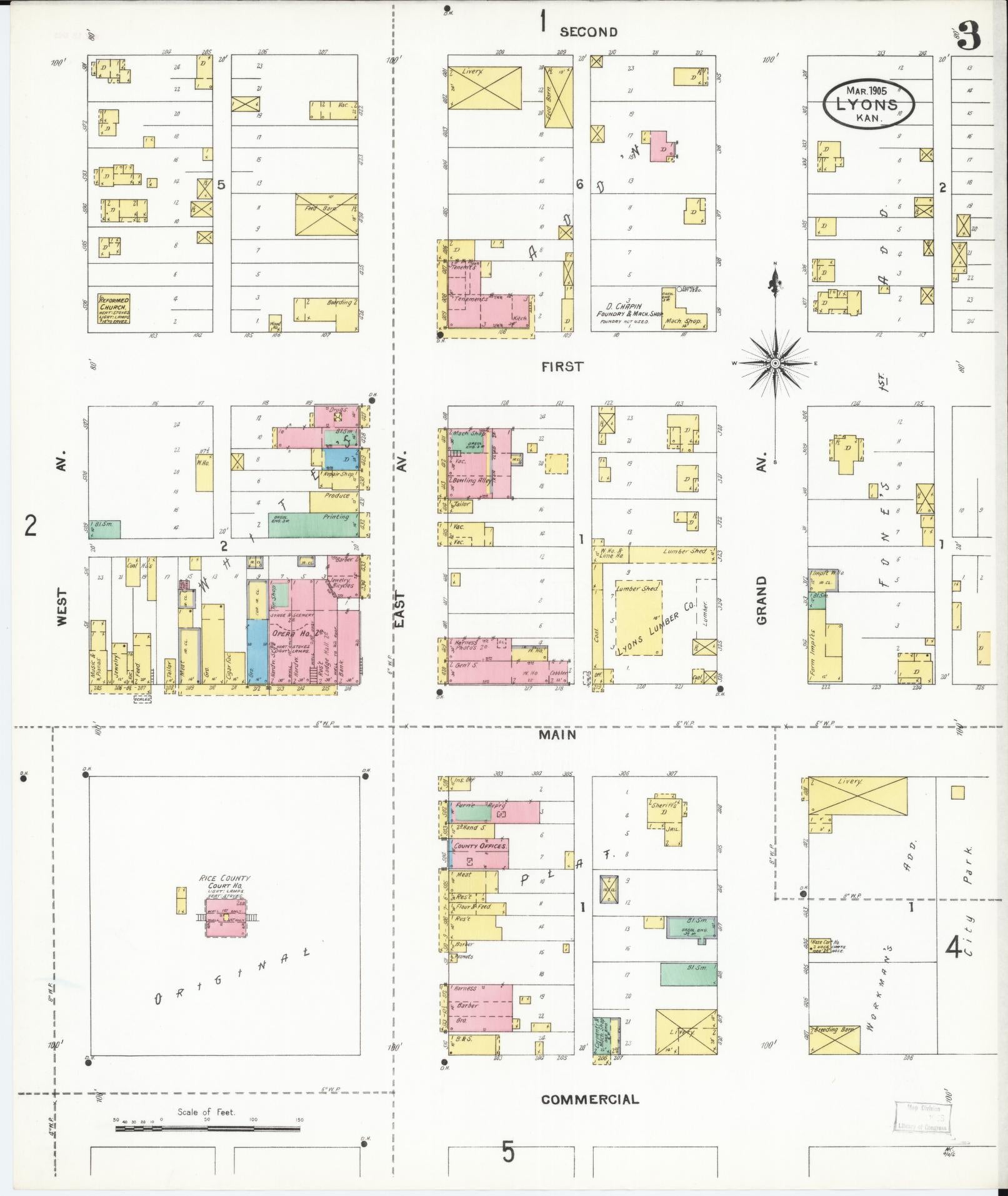 Sanborn Fire Insurance Map from Lyons, Rice County, Kansas (1905), Sheet #0003 - Historic Sanborn Fire Insurance Map Print, vintage old map wall art, antique decor, genealogy gift, Kansas Kansas map