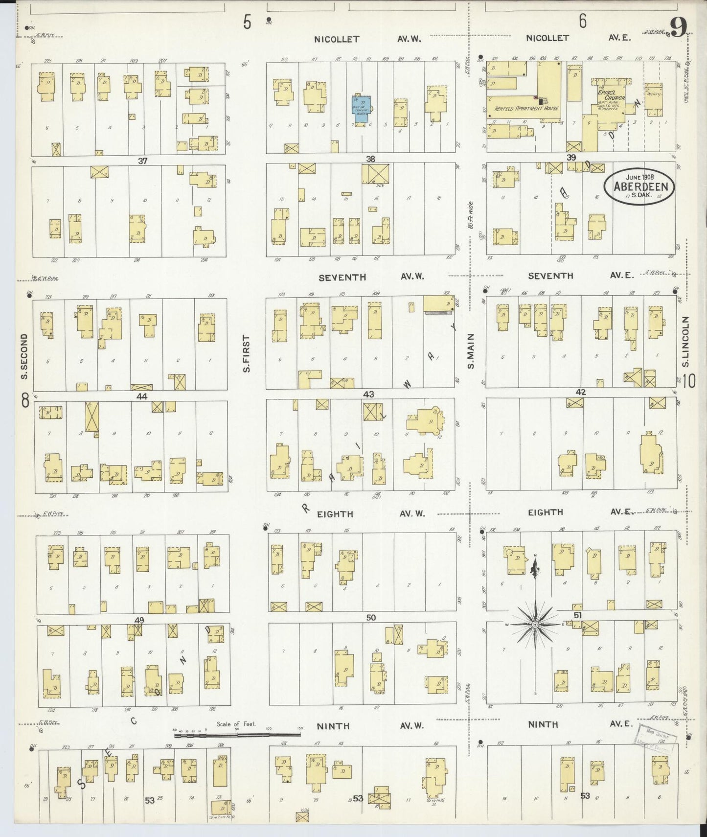 Sanborn Fire Insurance Map from Aberdeen, Brown County, South Dakota (1908), Sheet #0009 - Historic Sanborn Fire Insurance Map Print, vintage old map wall art, antique decor, genealogy gift, South Dakota South Dakota map