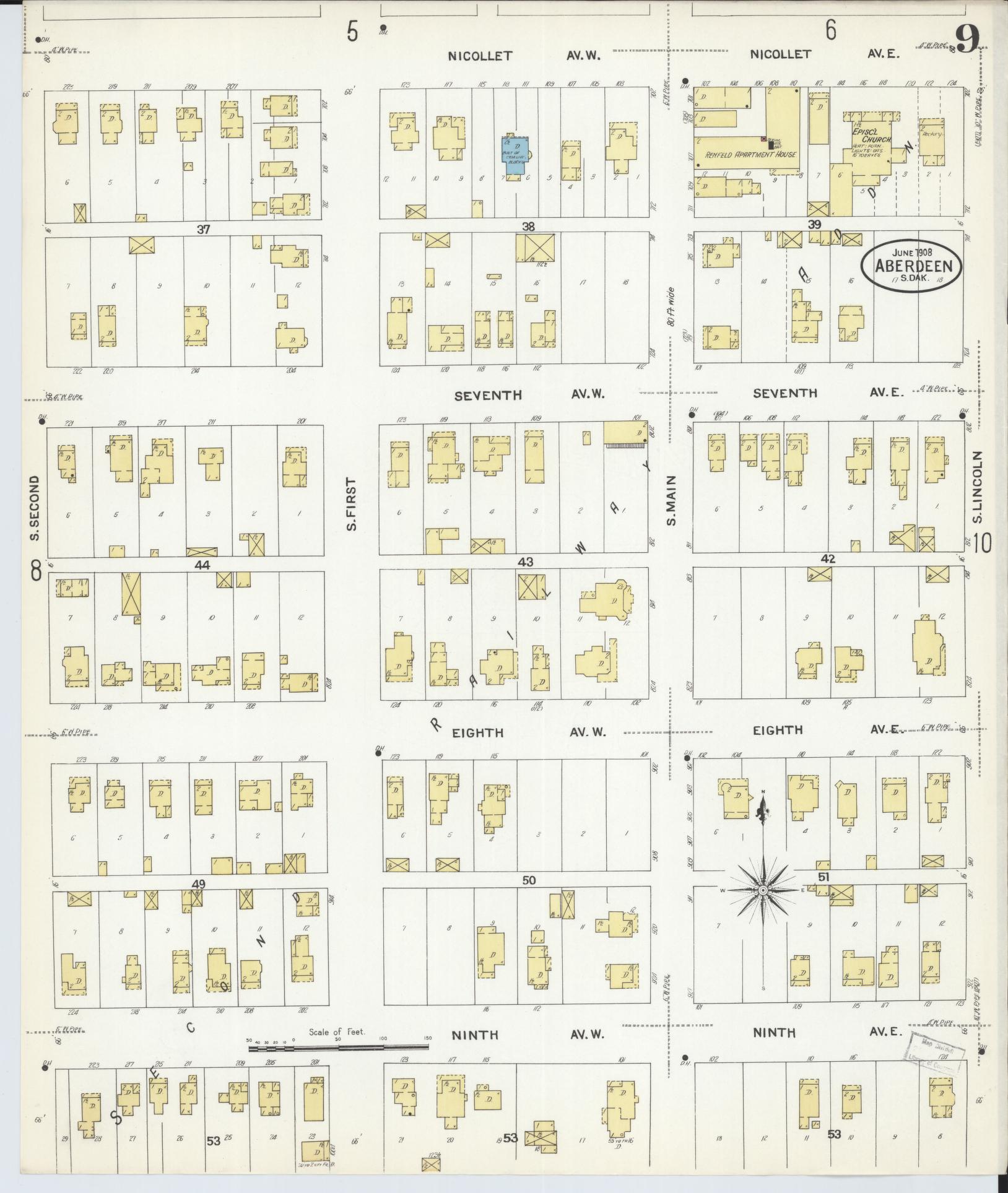 Sanborn Fire Insurance Map from Aberdeen, Brown County, South Dakota (1908), Sheet #0009 - Historic Sanborn Fire Insurance Map Print, vintage old map wall art, antique decor, genealogy gift, South Dakota South Dakota map