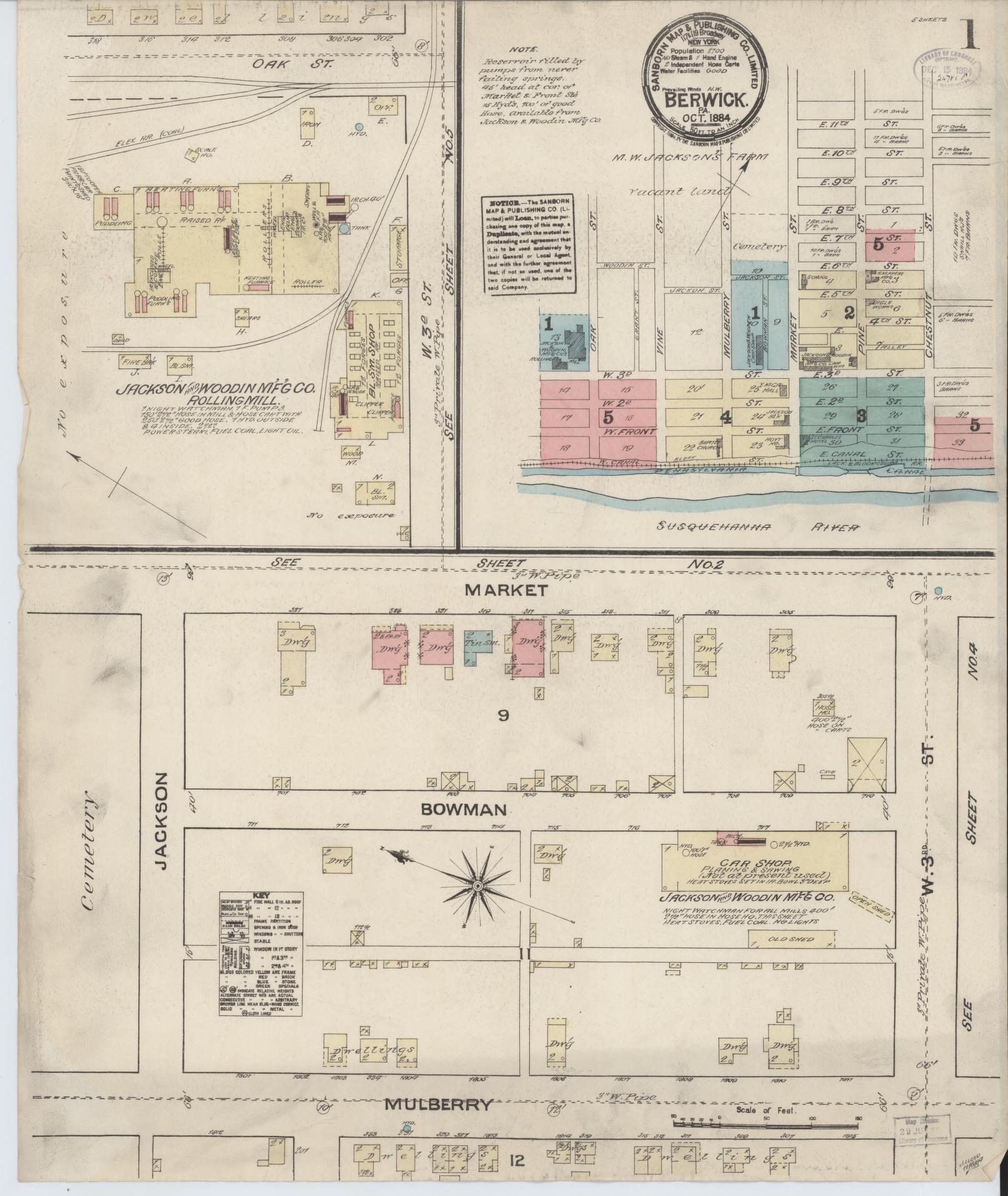 Sanborn Fire Insurance Map from Berwick, Columbia County, Pennsylvania (1884), Sheet #0001 - Historic Sanborn Fire Insurance Map Print, vintage old map wall art, antique decor, genealogy gift, Pennsylvania Pennsylvania map