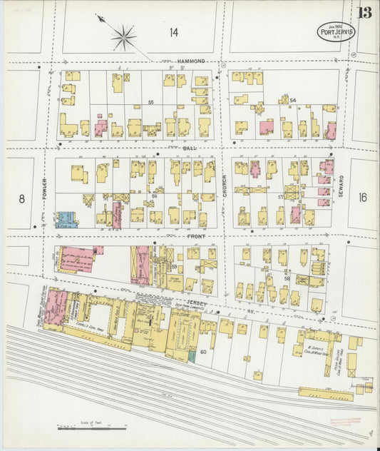 Sanborn Fire Insurance Map from Port Jervis, Orange County, New York (1900), Sheet #0013 - Historic Sanborn Fire Insurance Map Print, vintage old map wall art, antique decor, genealogy gift, New York New York map
