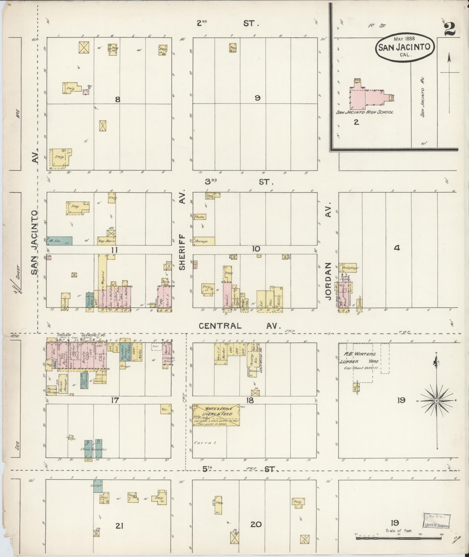 Sanborn Fire Insurance Map from San Jacinto, Riverside County, California (1888), Sheet #0002 - Complete Map Set gallery image, historic Sanborn map, vintage wall art, California California