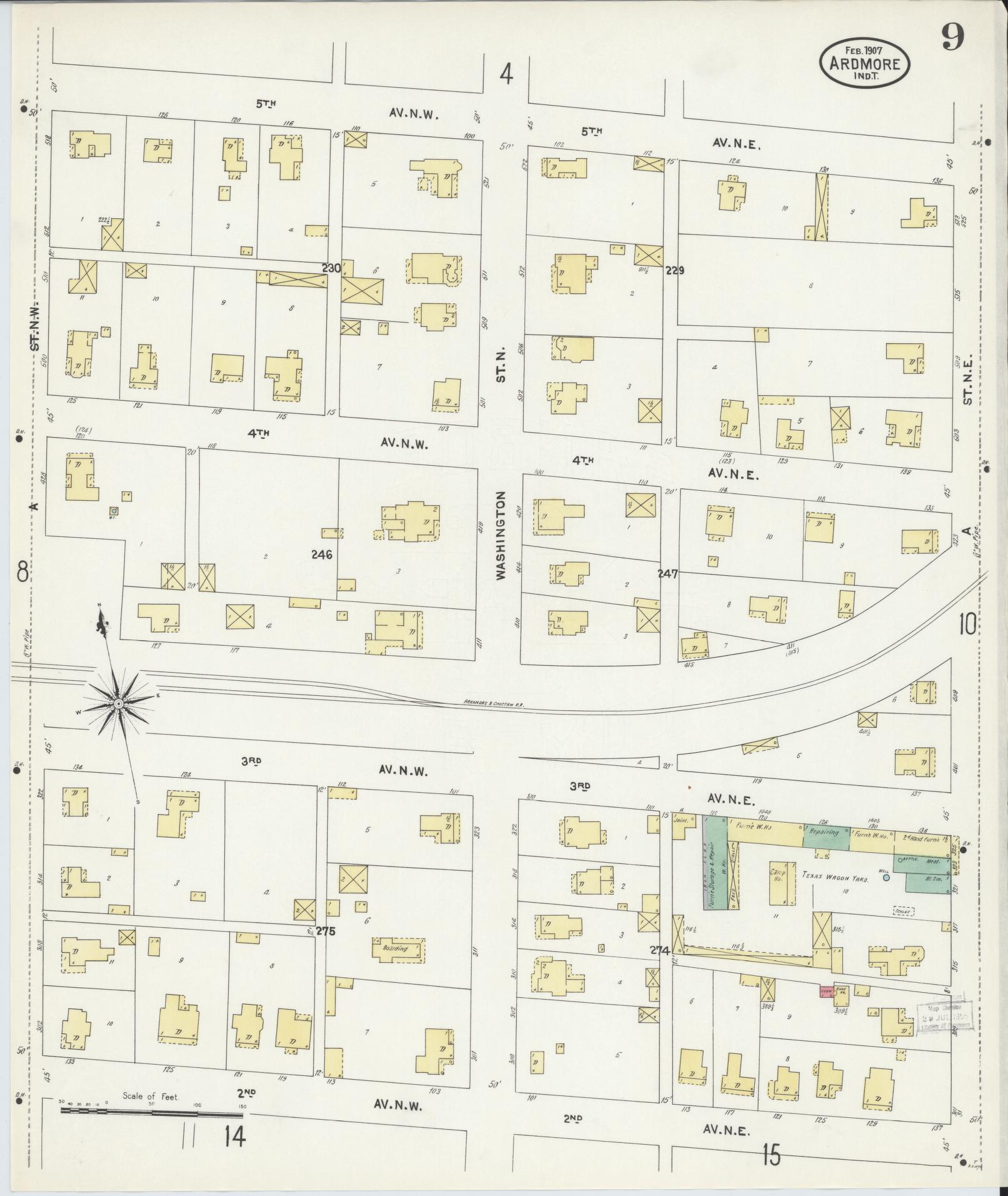 Sanborn Fire Insurance Map from Ardmore, Carter County, Oklahoma (1907), Sheet #0009 - Complete Map Set gallery image, historic Sanborn map, vintage wall art, Oklahoma Oklahoma