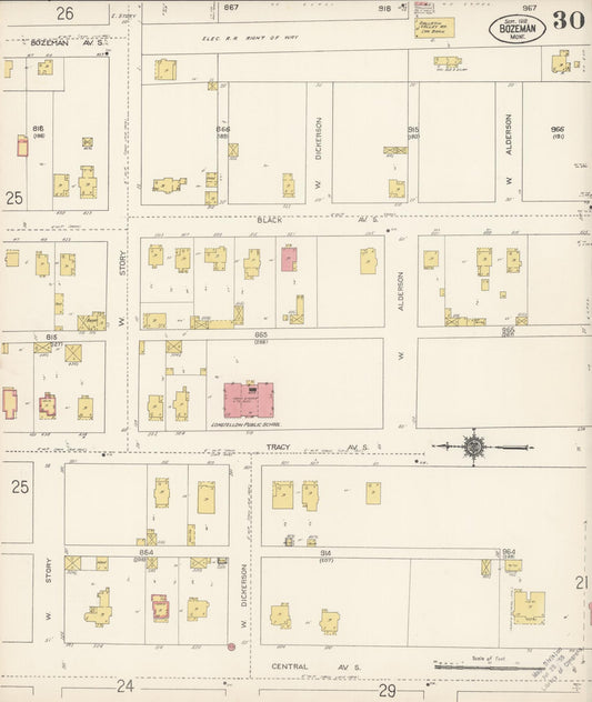 Sanborn Fire Insurance Map from Bozeman, Gallatin County, Montana (1912), Sheet #0030 - Historic Sanborn Fire Insurance Map Print, vintage old map wall art, antique decor, genealogy gift, Montana Montana map