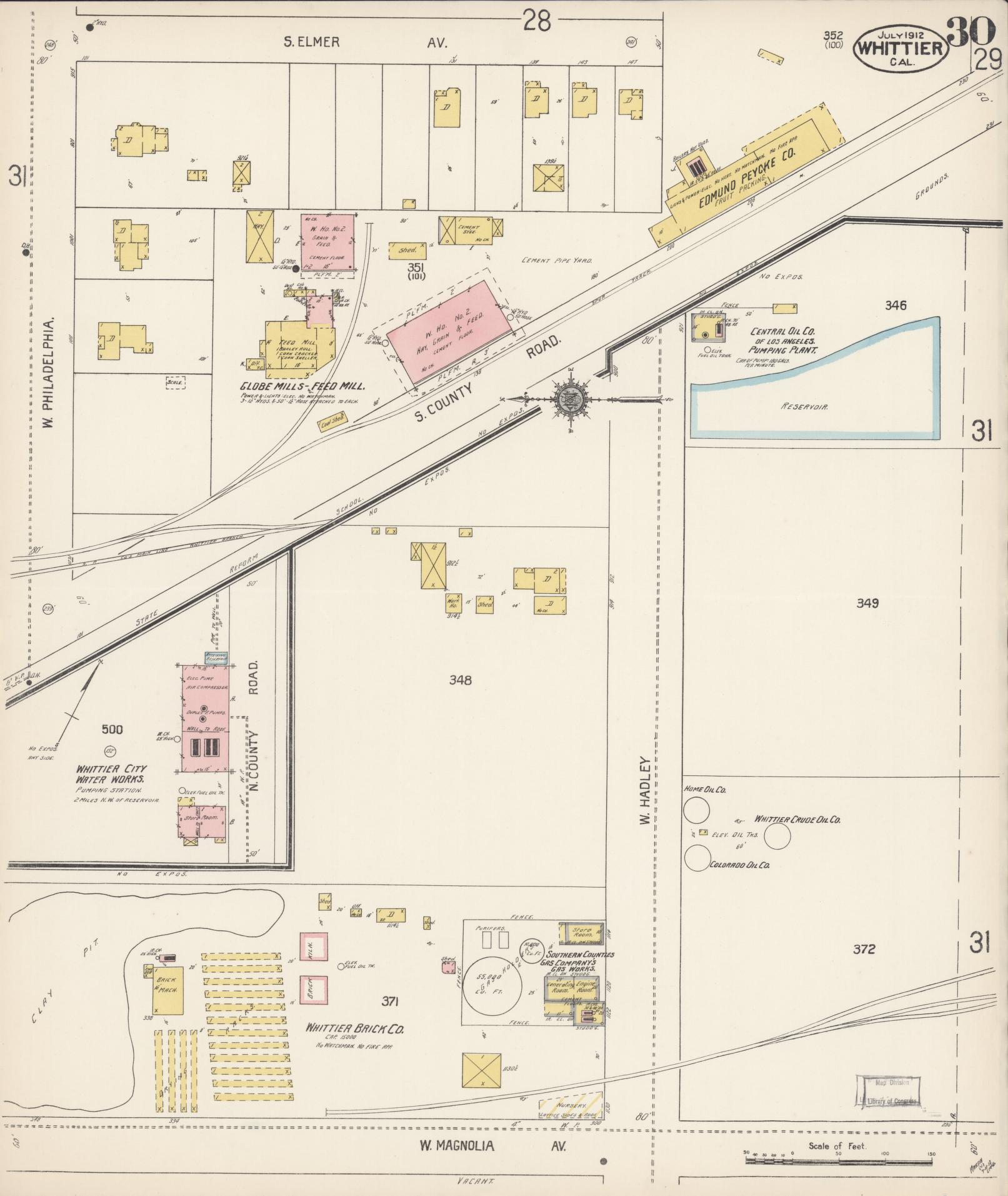 Sanborn Fire Insurance Map from Whittier, Los Angeles County, California (1912), Sheet #0030 - Complete Map Set gallery image, historic Sanborn map, vintage wall art, California California