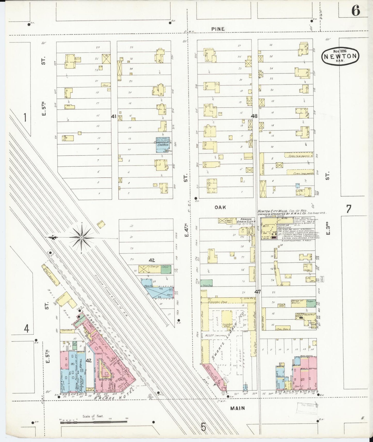 Sanborn Fire Insurance Map from Newton, Harvey County, Kansas (1896), Sheet #0006 - Complete Map Set gallery image, historic Sanborn map, vintage wall art, Kansas Kansas