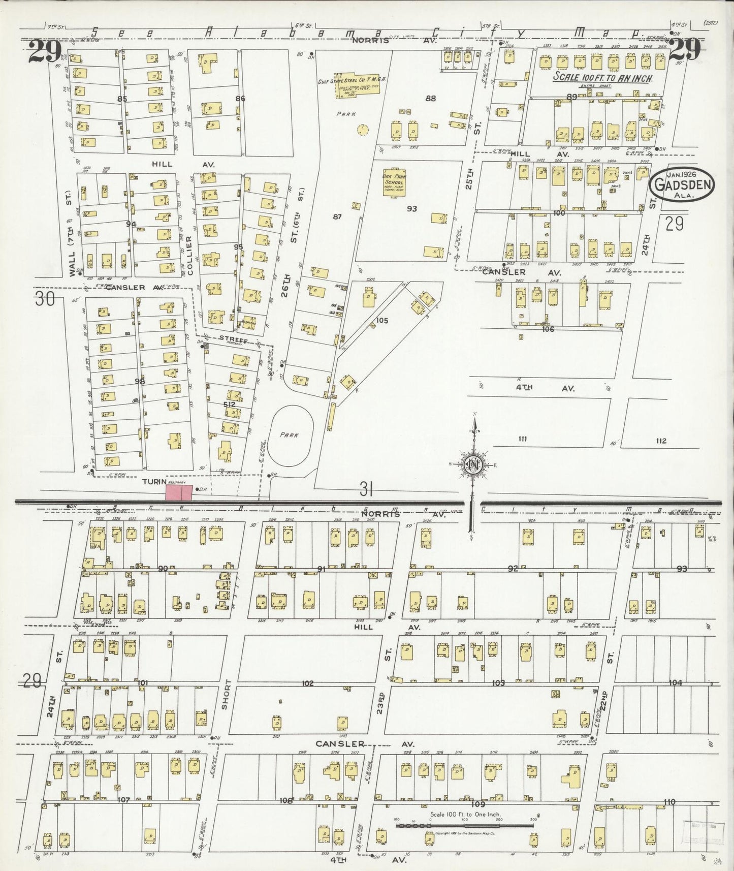 Sanborn Fire Insurance Map from Gadsden, Etowah County, Alabama (1926), Sheet #0029 - Complete Map Set gallery image, historic Sanborn map, vintage wall art, Alabama Alabama
