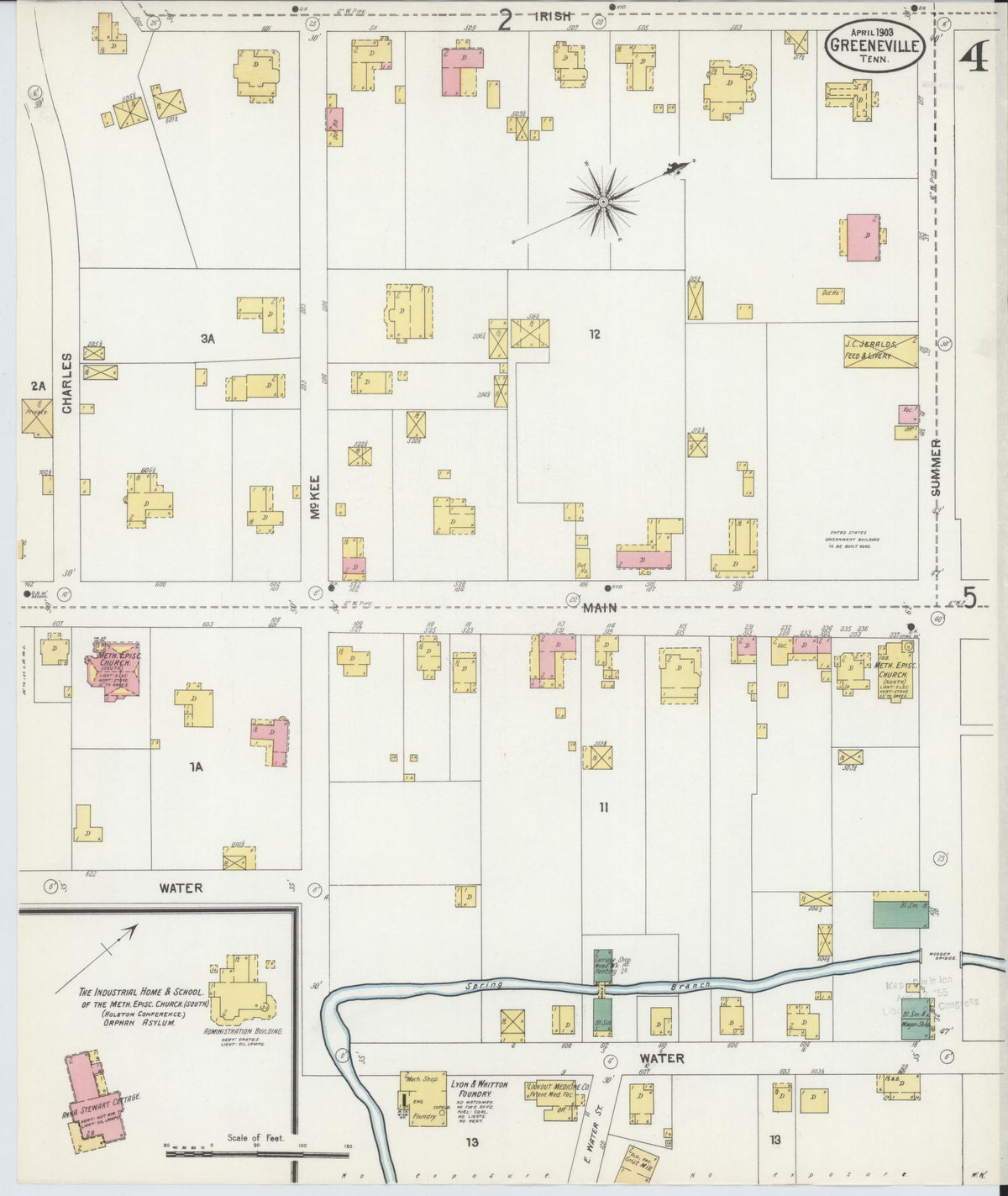 Sanborn Fire Insurance Map from Greeneville, Greene County, Tennessee (1903), Sheet #0004 - Historic Sanborn Fire Insurance Map Print, vintage old map wall art, antique decor, genealogy gift, Tennessee Tennessee map