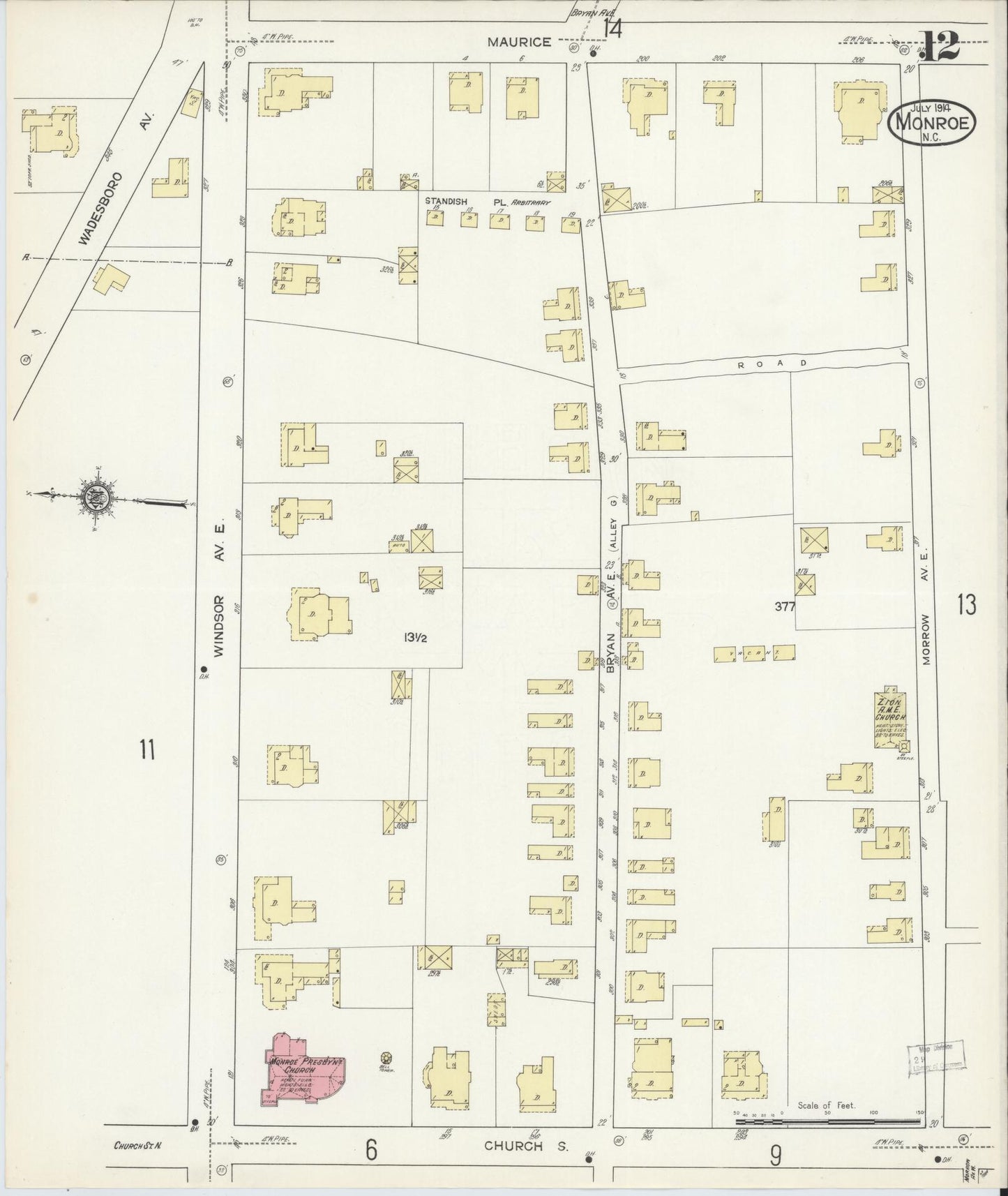 Sanborn Fire Insurance Map from Monroe, Union County, North Carolina (1914), Sheet #0012 - Historic Sanborn Fire Insurance Map Print, vintage old map wall art, antique decor, genealogy gift, North Carolina North Carolina map