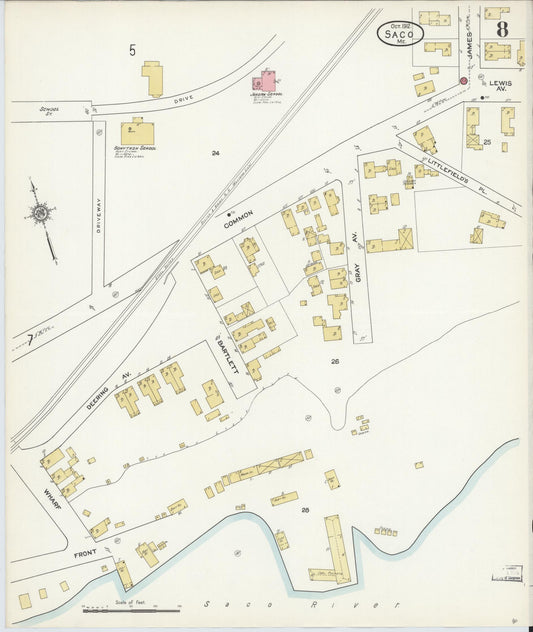 Sanborn Fire Insurance Map from Saco, York County, Maine (1912), Sheet #0008 - Historic Sanborn Fire Insurance Map Print, vintage old map wall art, antique decor, genealogy gift, Maine Maine map