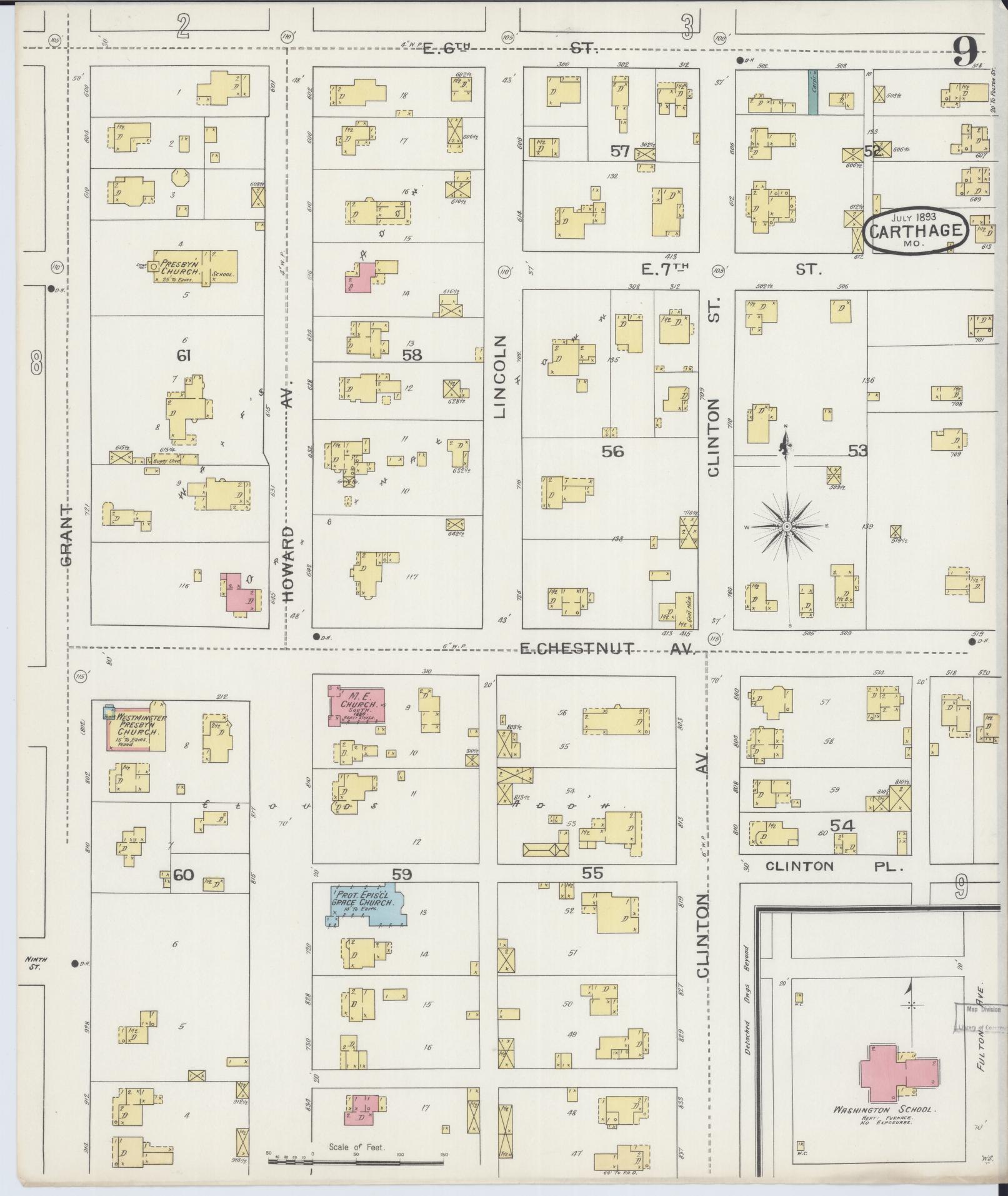 Sanborn Fire Insurance Map from Carthage, Jasper County, Missouri (1893), Sheet #0009 - Historic Sanborn Fire Insurance Map Print, vintage old map wall art, antique decor, genealogy gift, Missouri Missouri map