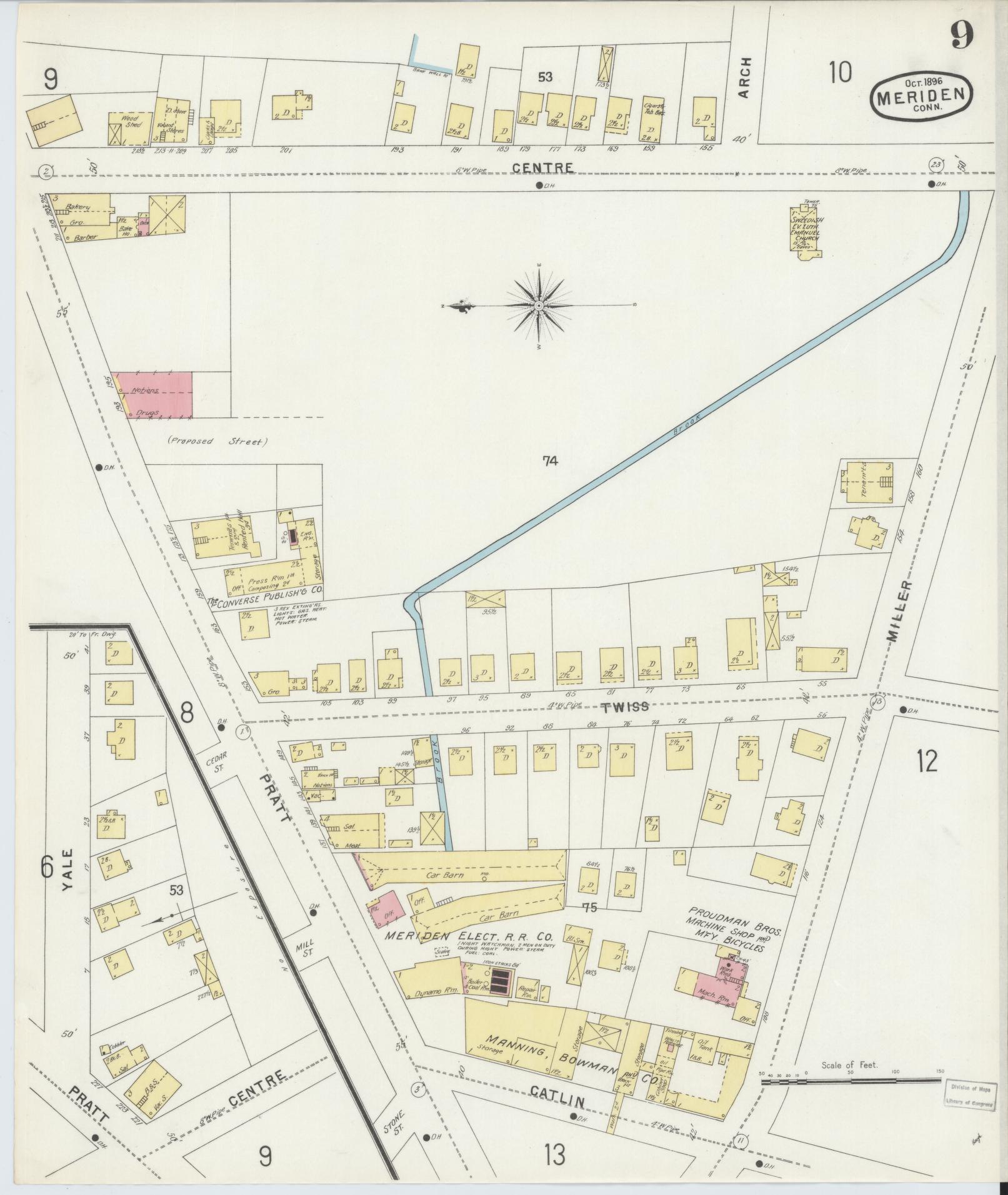Sanborn Fire Insurance Map from Meriden, New Haven County, Connecticut (1896), Sheet #0009 - Complete Map Set gallery image, historic Sanborn map, vintage wall art, Connecticut Connecticut