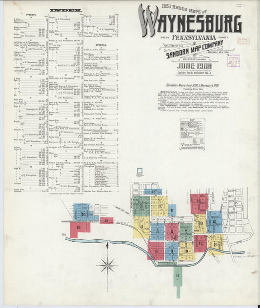 Sanborn Fire Insurance Map from Waynesburg, Greene County, Pennsylvania (1908), Sheet #0001 - Historic Sanborn Fire Insurance Map Print, vintage old map wall art, antique decor, genealogy gift, Pennsylvania Pennsylvania map