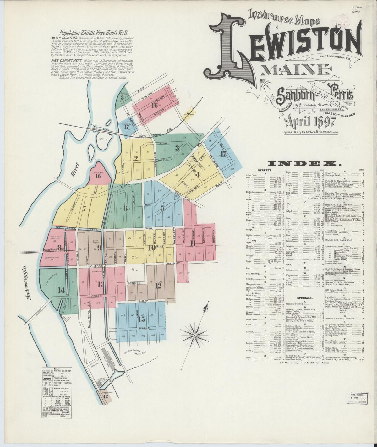 Sanborn Fire Insurance Map from Lewiston, Androscoggin County, Maine (1897), Sheet #0001 - Complete Map Set gallery image, historic Sanborn map, vintage wall art, Maine Maine