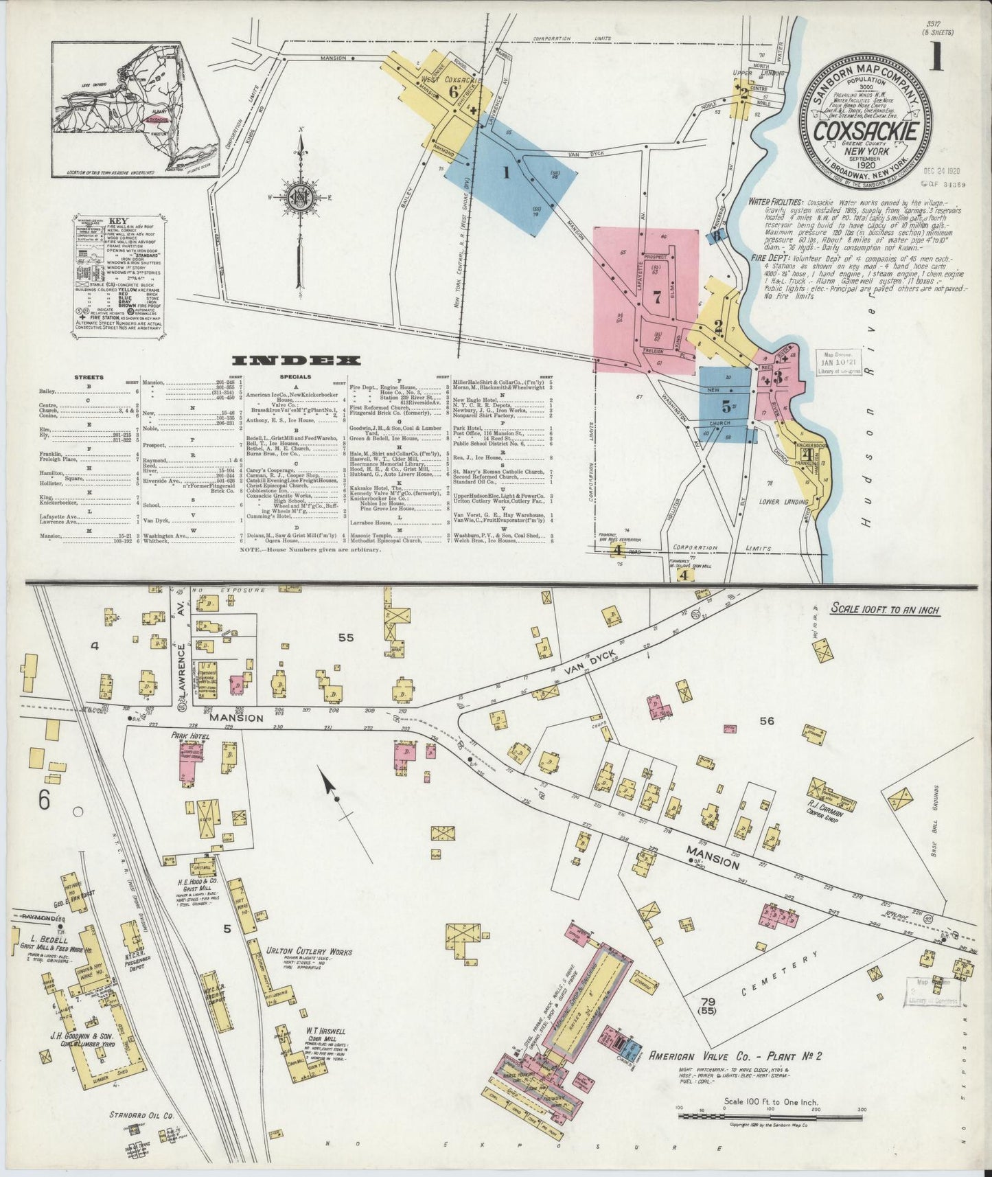 Sanborn Fire Insurance Map from Coxsackie, Greene County, New York. (1920) – Historic Sanborn Fire Insurance Map Print