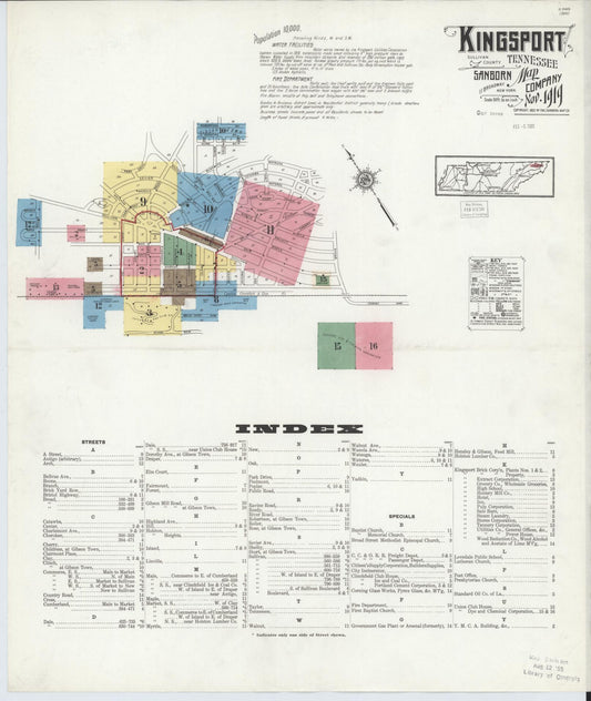 Sanborn Fire Insurance Map from Kingsport, Sullivan County, Tennessee (1919), Sheet #0001 - Complete Map Set gallery image, historic Sanborn map, vintage wall art, Tennessee Tennessee