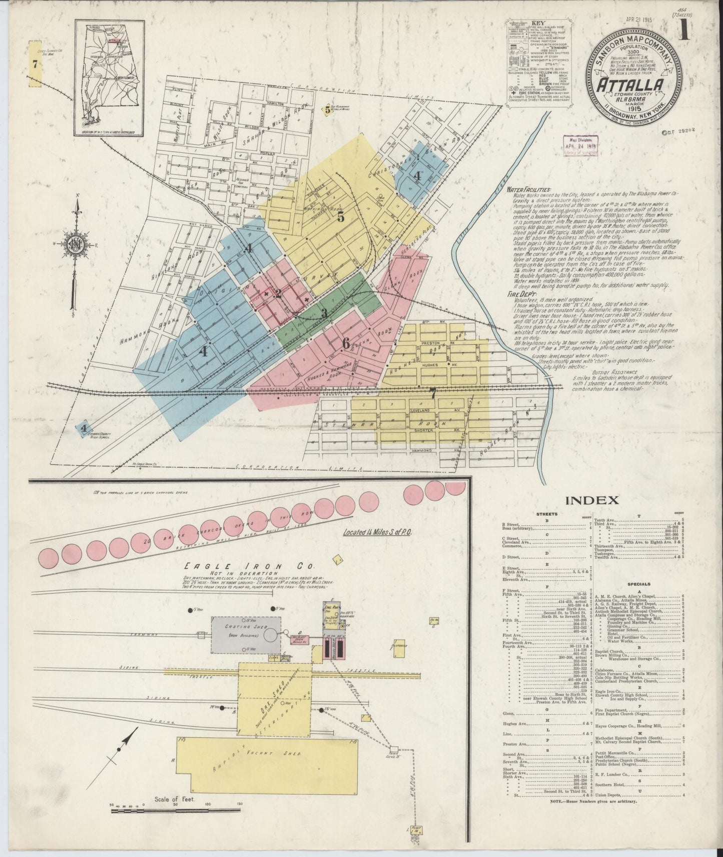 Sanborn Fire Insurance Map from Attalla, Etowah County, Alabama (1915), Sheet #0001 - Historic Sanborn Fire Insurance Map Print, vintage old map wall art, antique decor, genealogy gift, Alabama Alabama map