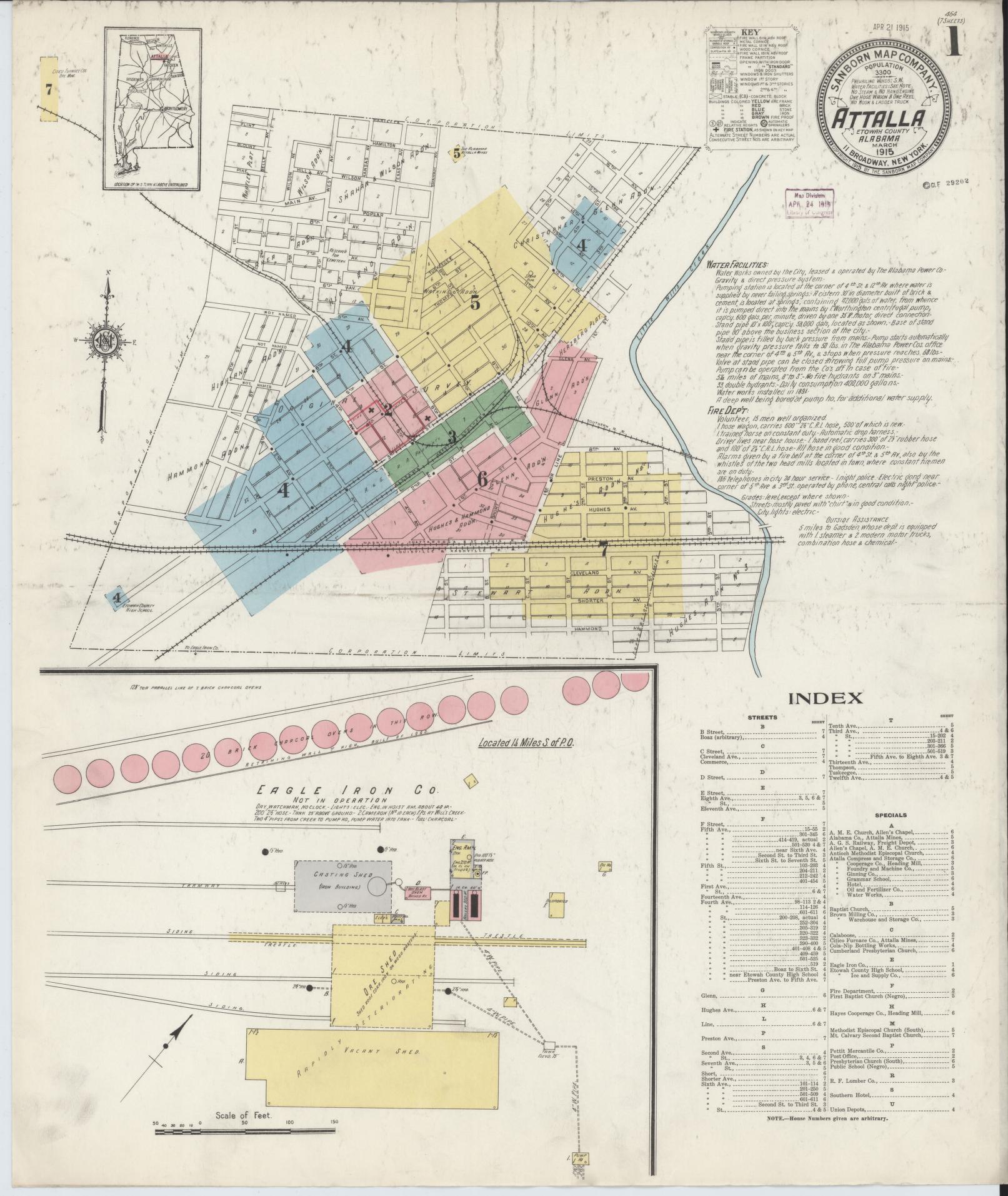 Sanborn Fire Insurance Map from Attalla, Etowah County, Alabama (1915), Sheet #0001 - Historic Sanborn Fire Insurance Map Print, vintage old map wall art, antique decor, genealogy gift, Alabama Alabama map