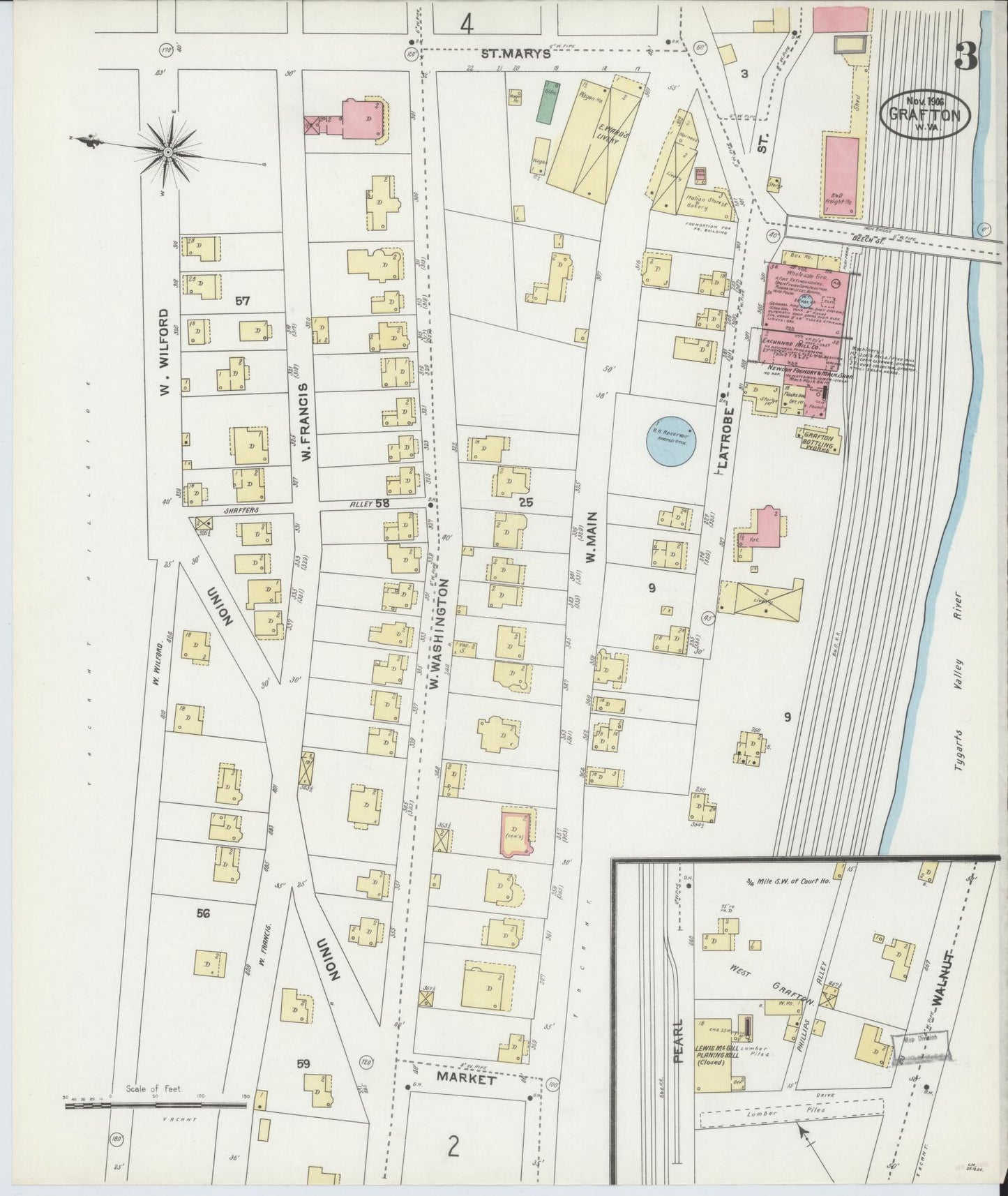 Sanborn Fire Insurance Map from Grafton, Taylor County, West Virginia (1906), Sheet #0003 - Complete Map Set gallery image, historic Sanborn map, vintage wall art, West Virginia West Virginia