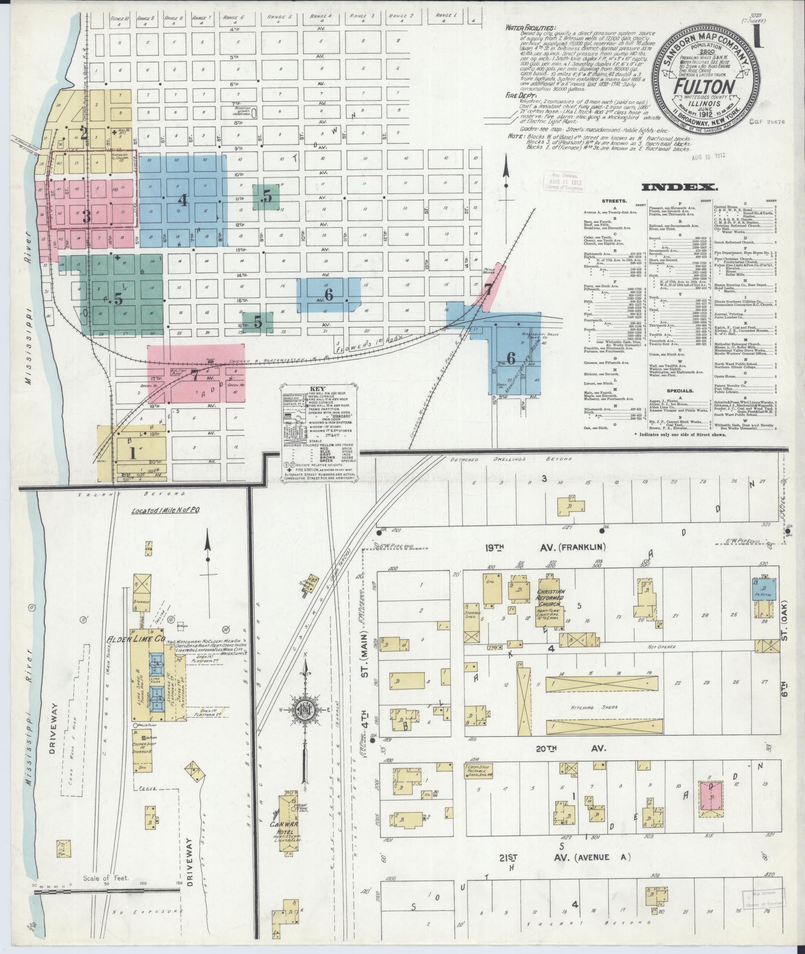 Sanborn Fire Insurance Map from Fulton, Whiteside County, Illinois (1912), Sheet #0001 - Historic Sanborn Fire Insurance Map Print, vintage old map wall art, antique decor, genealogy gift, Illinois Illinois map