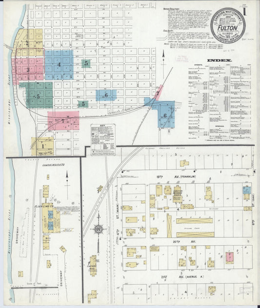 Sanborn Fire Insurance Map from Fulton, Whiteside County, Illinois (1912), Sheet #0001 - Historic Sanborn Fire Insurance Map Print, vintage old map wall art, antique decor, genealogy gift, Illinois Illinois map