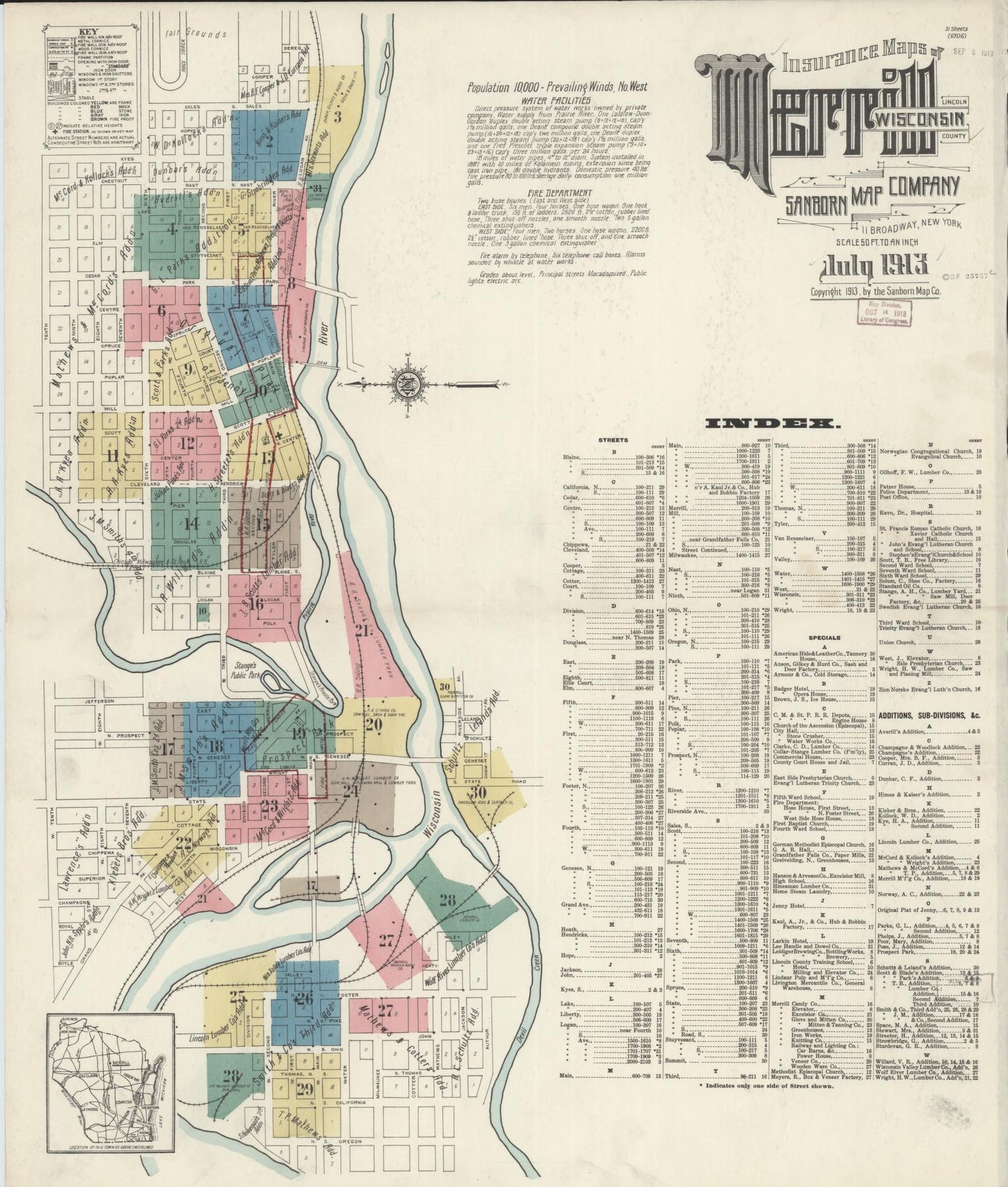 Sanborn Fire Insurance Map from Merrill, Lincoln County, Wisconsin (1913), Sheet #0001 - Complete Map Set gallery image, historic Sanborn map, vintage wall art, Wisconsin Wisconsin