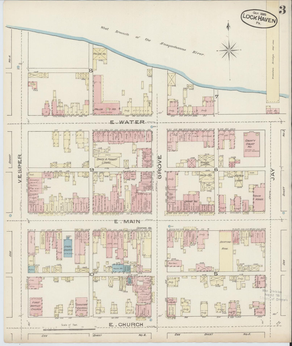 Sanborn Fire Insurance Map from Lock Haven, Clinton County, Pennsylvania (1885), Sheet #0003 - Historic Sanborn Fire Insurance Map Print, vintage old map wall art, antique decor, genealogy gift, Pennsylvania Pennsylvania map