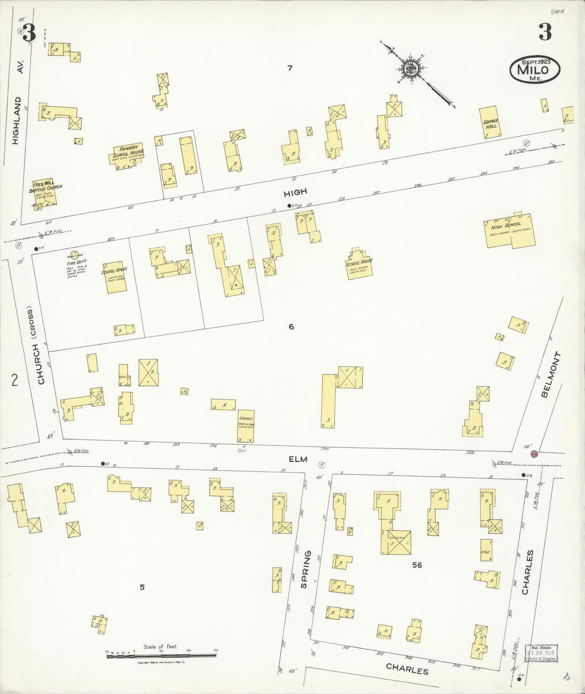 Sanborn Fire Insurance Map from Milo, Piscataquis County, Maine (1923), Sheet #0003 - Complete Map Set gallery image, historic Sanborn map, vintage wall art, Maine Maine