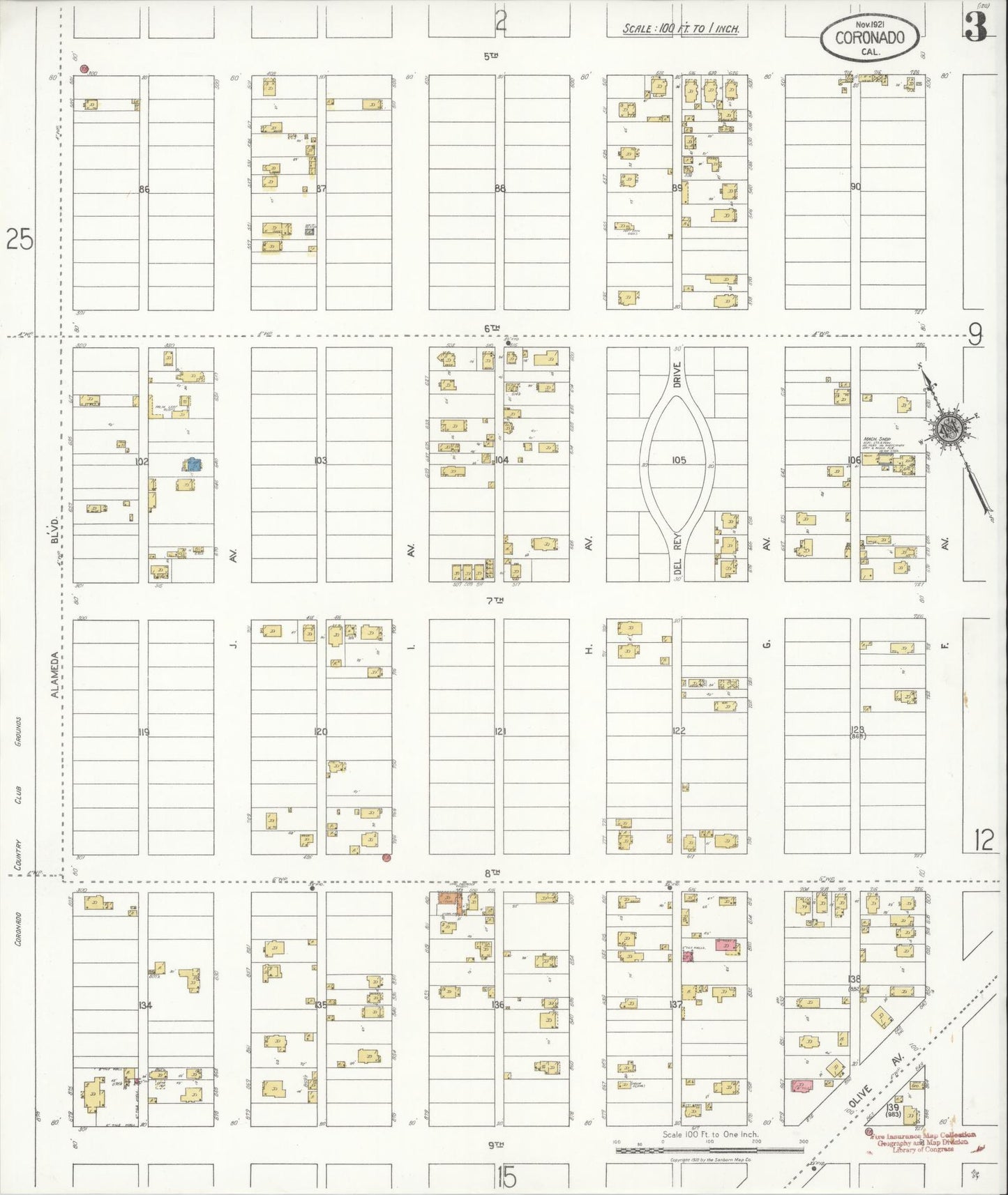 Sanborn Fire Insurance Map from Coronado, San Diego County, California (1921), Sheet #0003 - Complete Map Set gallery image, historic Sanborn map, vintage wall art, California California