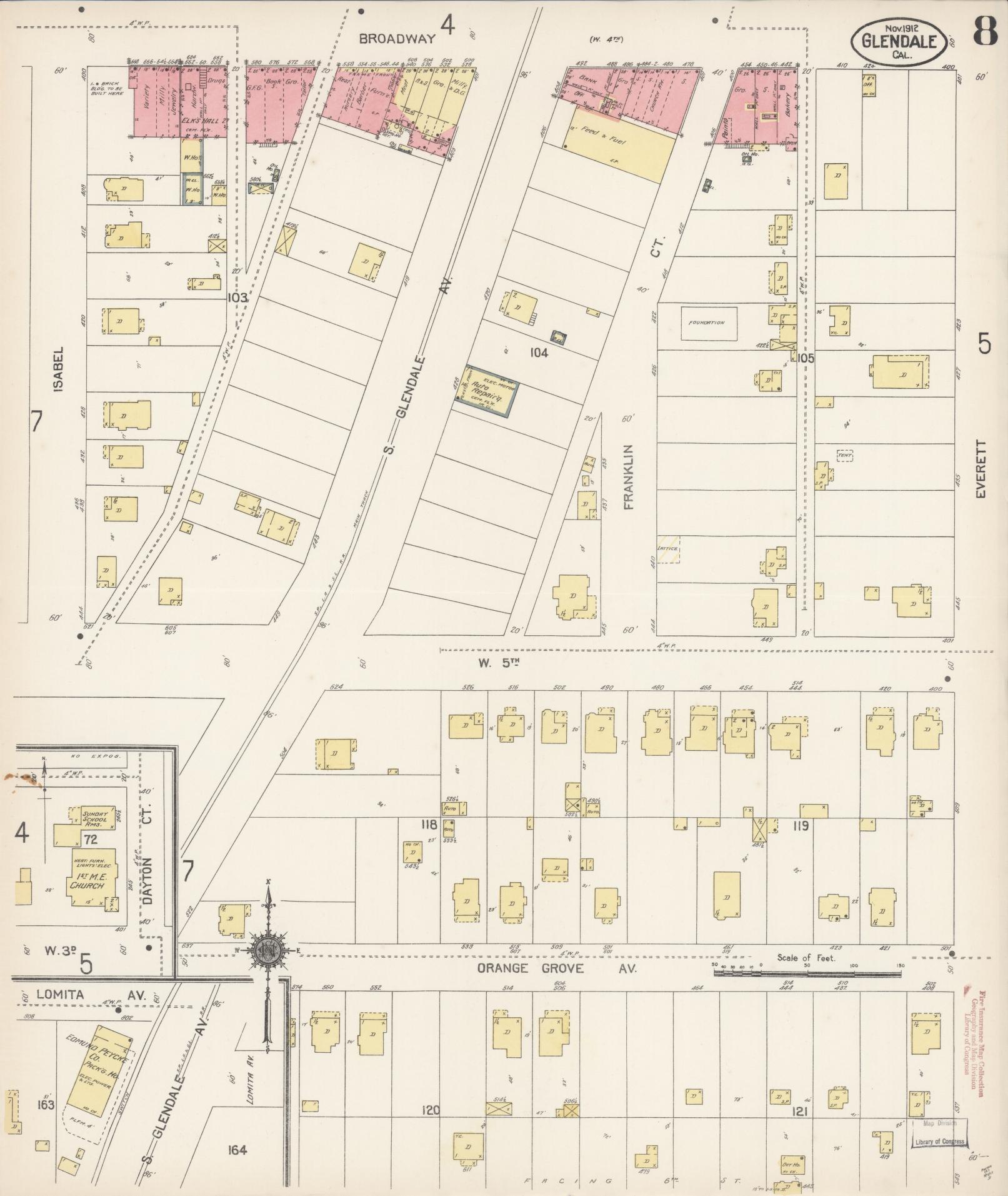 Sanborn Fire Insurance Map from Glendale, Los Angeles County, California (1912), Sheet #0008 - Historic Sanborn Fire Insurance Map Print, vintage old map wall art, antique decor, genealogy gift, California California map