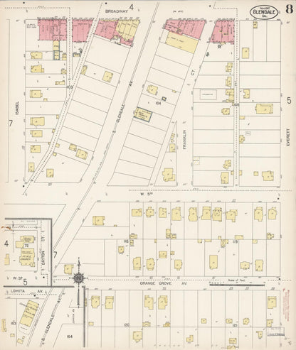 Sanborn Fire Insurance Map from Glendale, Los Angeles County, California (1912), Sheet #0008 - Historic Sanborn Fire Insurance Map Print, vintage old map wall art, antique decor, genealogy gift, California California map