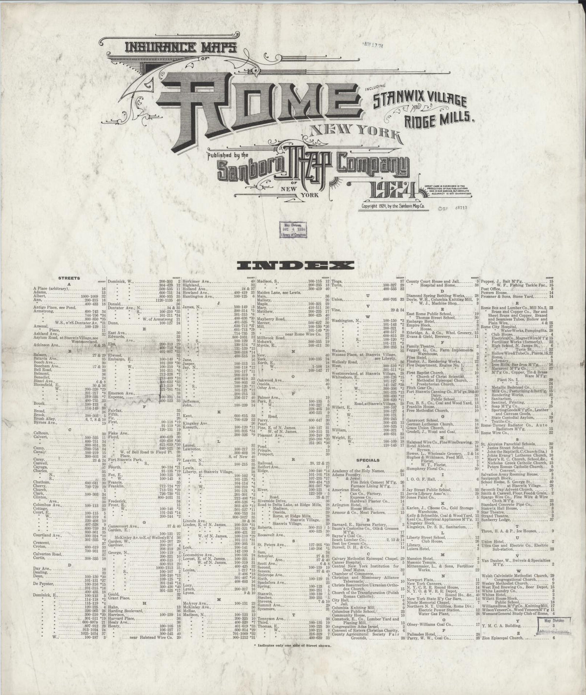 Sanborn Fire Insurance Map from Rome, Oneida County, New York (1924), Sheet #0001 - Historic Sanborn Fire Insurance Map Print, vintage old map wall art, antique decor, genealogy gift, New York New York map