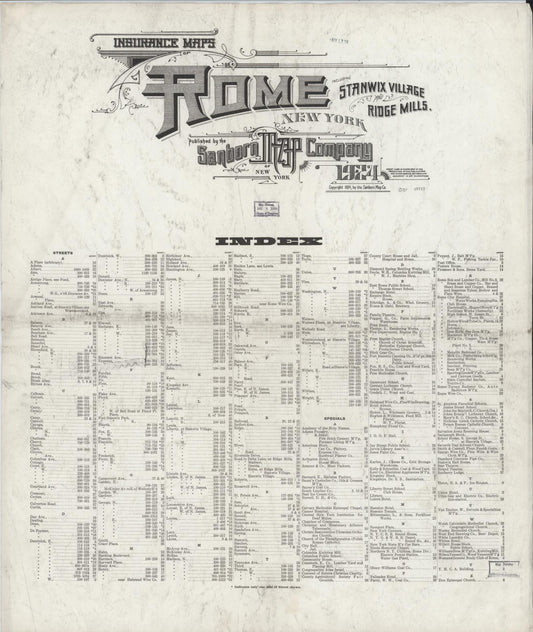 Sanborn Fire Insurance Map from Rome, Oneida County, New York (1924), Sheet #0001 - Historic Sanborn Fire Insurance Map Print, vintage old map wall art, antique decor, genealogy gift, New York New York map
